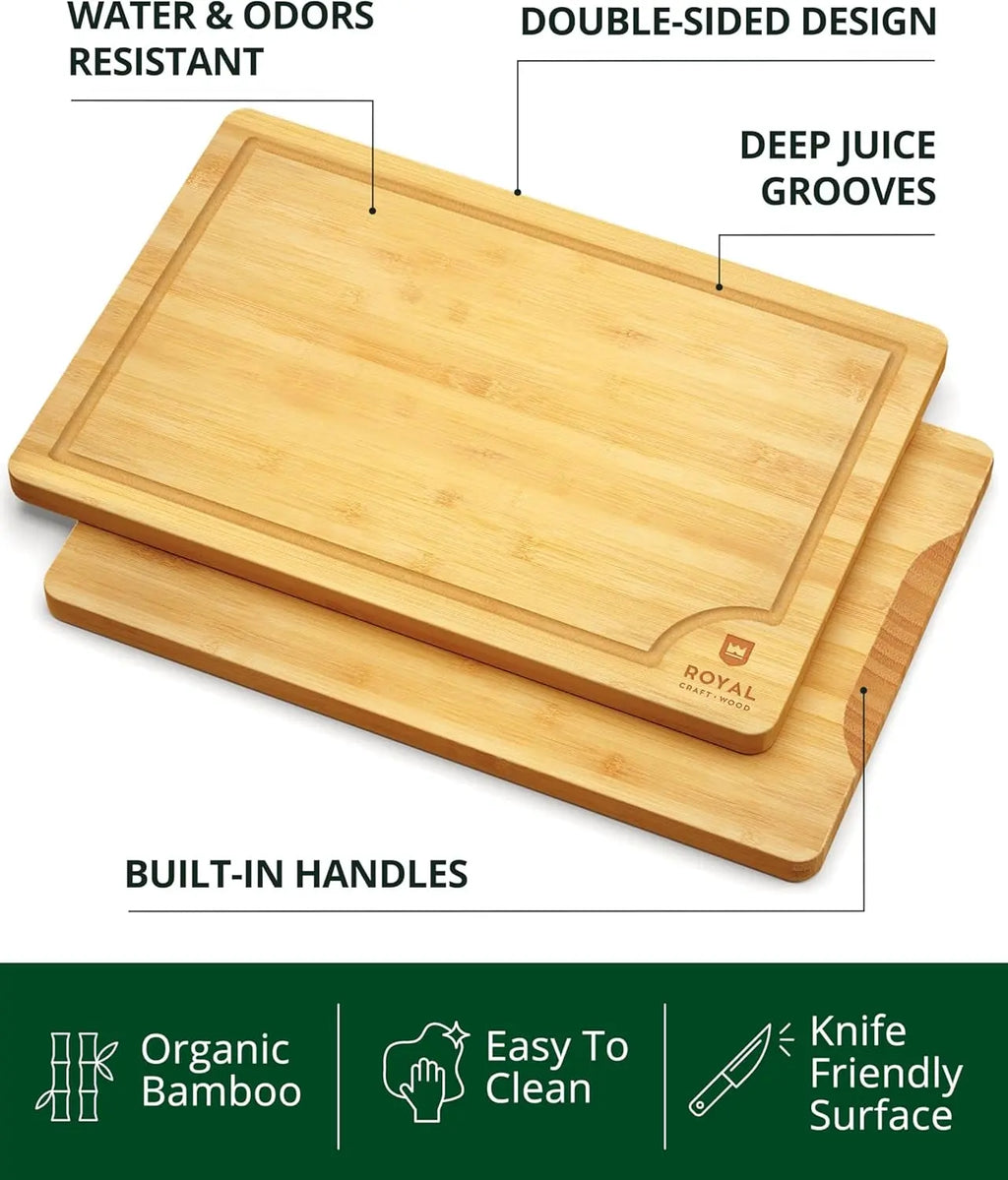 Premium Bamboo Cutting Board Set for Kitchen Preparation and Serving - Features Deep Juice Groove and Side Handles - Ideal for Charcuterie and Butchering