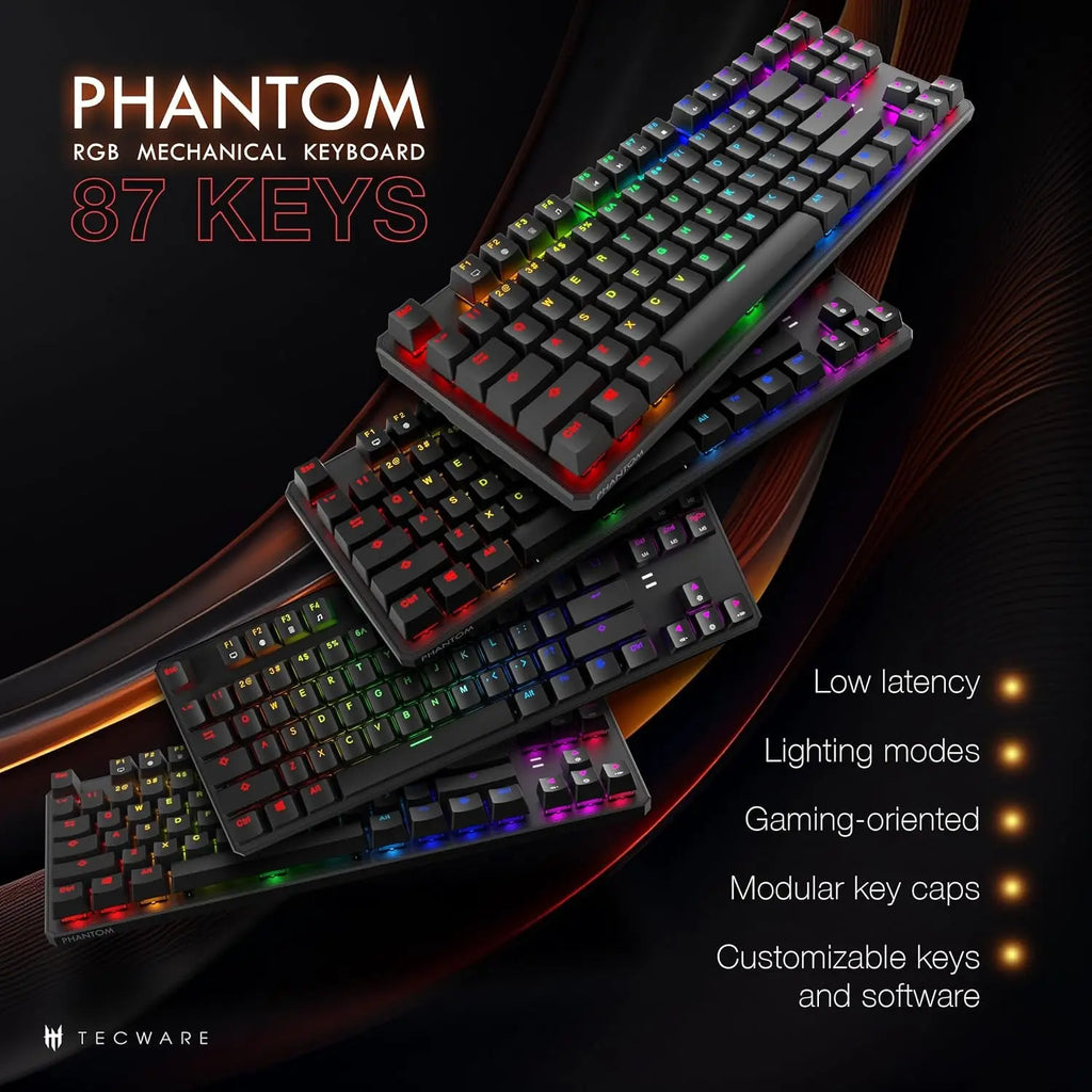 Phantom 87-Key RGB Mechanical Gaming Keyboard with Outemu Red Switches, 16.8 Million Color LED Lighting, 18 Pre-Set Modes, Low Latency, N-Key Rollover, Software Customizable Keys, Wired USB Connection