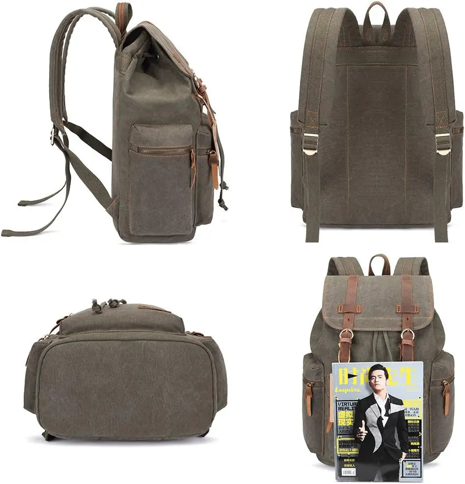 Vintage Leather-Trimmed Casual Backpack for Men and Women - Ideal for Laptop and Travel
