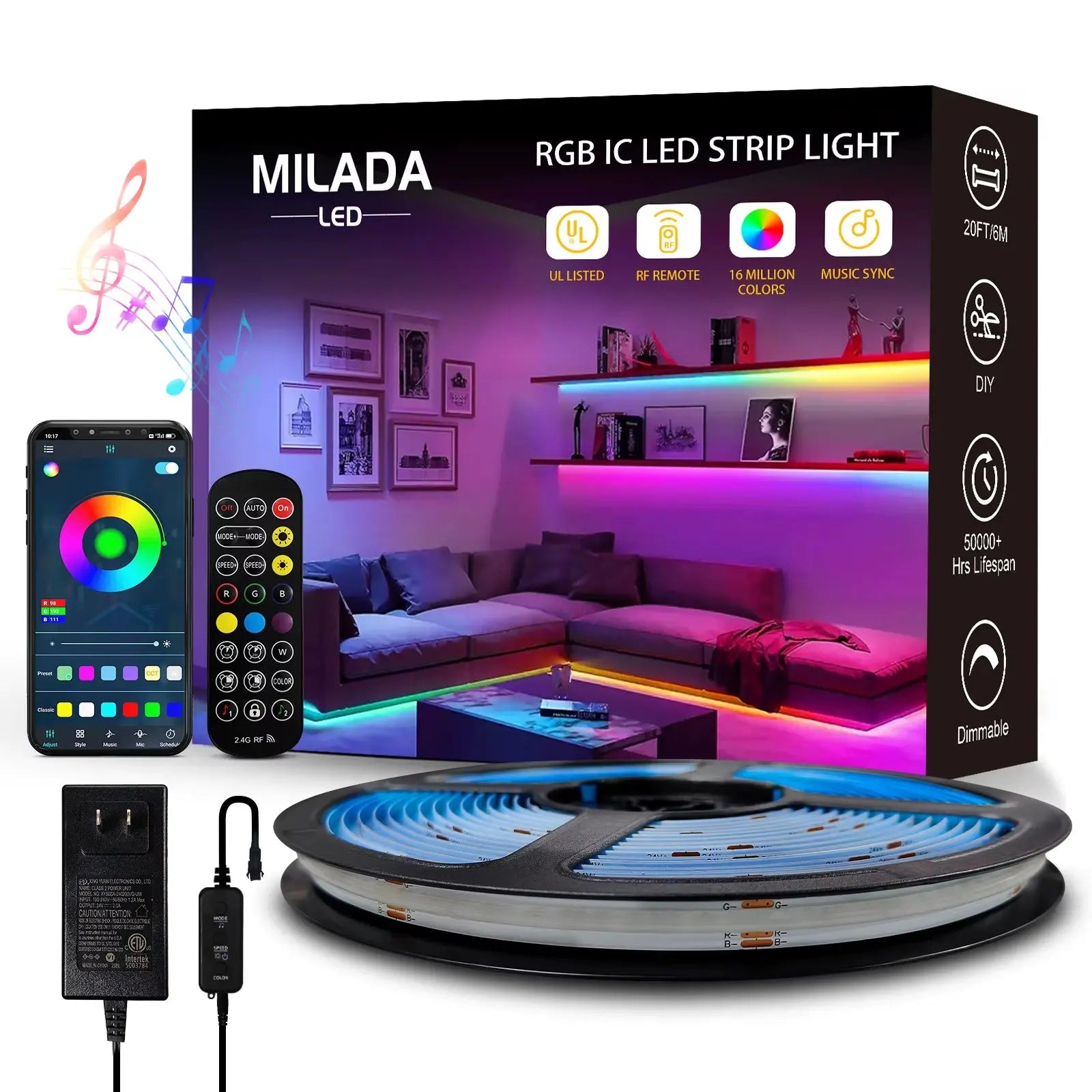COB RGBIC LED Strip Lights 24V - 6M/12M Smart RGB Lighting for Bedroom with RF Remote and Bluetooth App Music Sync