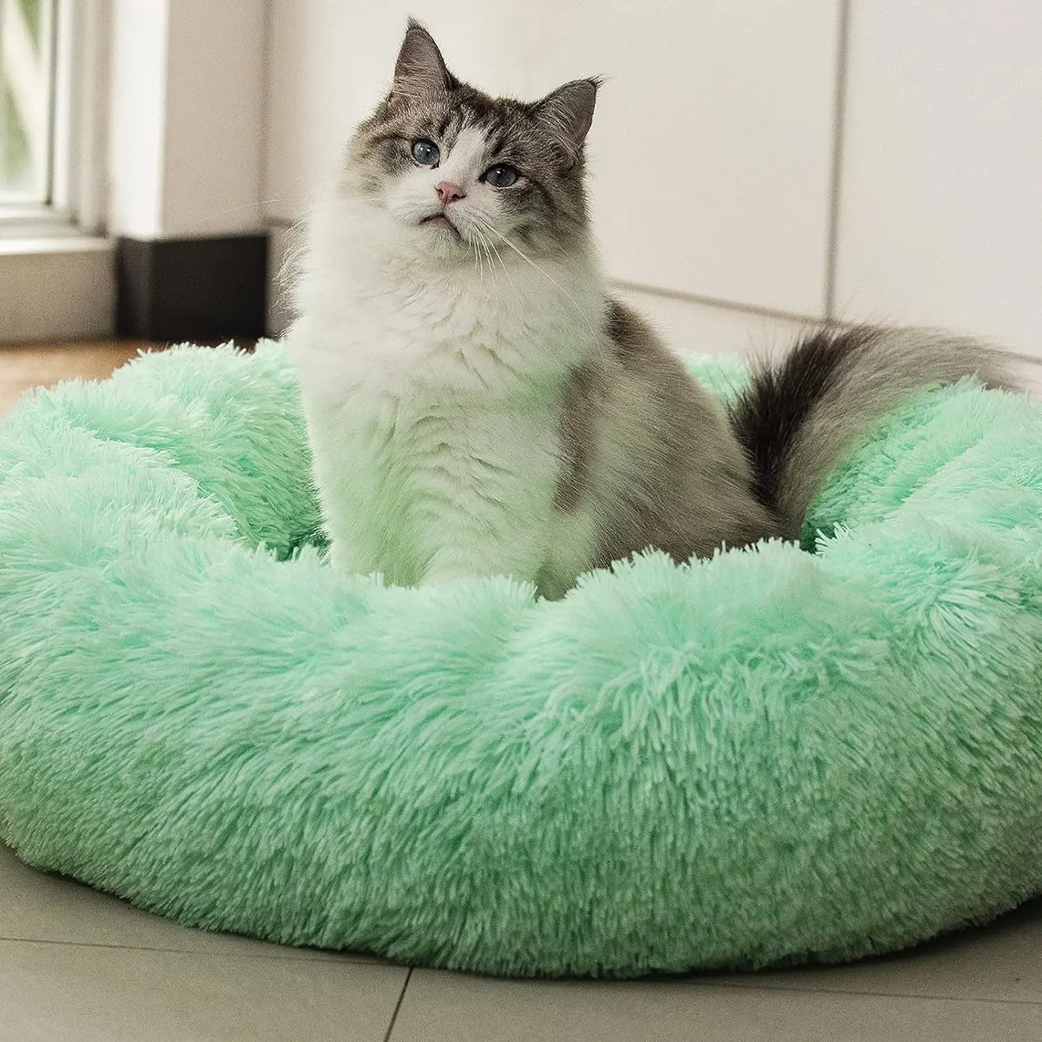 Anti-Anxiety Round Fluffy Plush Faux Fur Washable Pet Bed for Dogs and Cats, Original Design for Small to Large Pets, Joint Relief and Sleep Improvement (20"/24"/27") - 27", Light Green