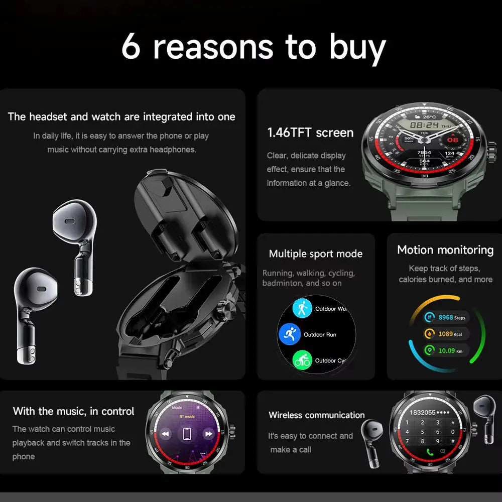 2-in-1 Smart Watch and Earbuds with Round Display, Fitness Tracker for Men, NFC, Compatible with iPhone and Android for Multiple Sports