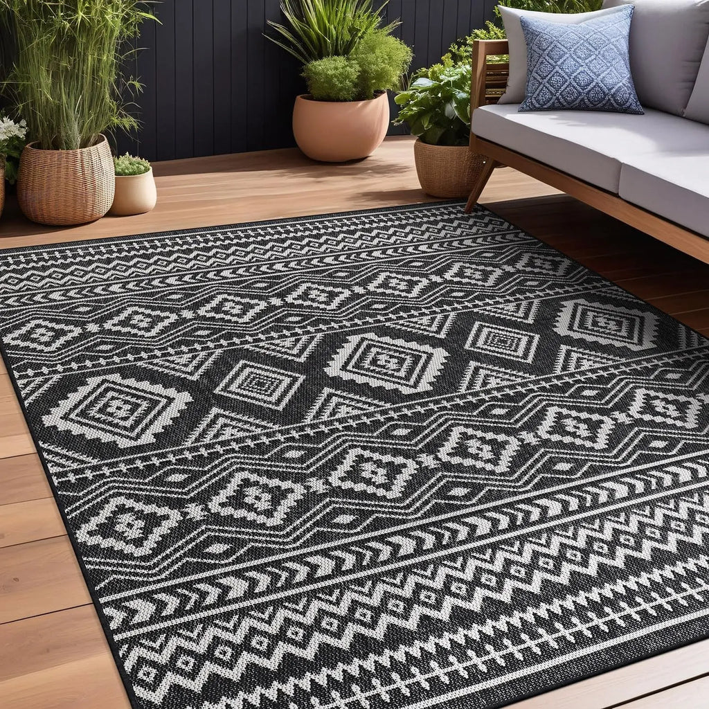 Waikiki Boho 5x7 Indoor Outdoor Washable Carpet for Patio, Deck, and Porch - Bohemian Area Rug with Aztec Tribal Design in Black and White