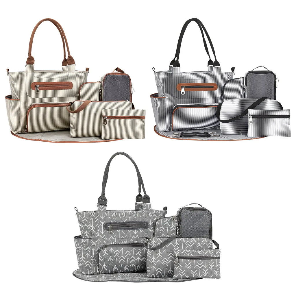 8-Piece Multifunctional Diaper Bag Set for Parents, Including Changing Bags, Bottle Bag, Mesh Bag, Purse, Diaper Pad, 2 Burp Cloths, and 2 Hook Straps