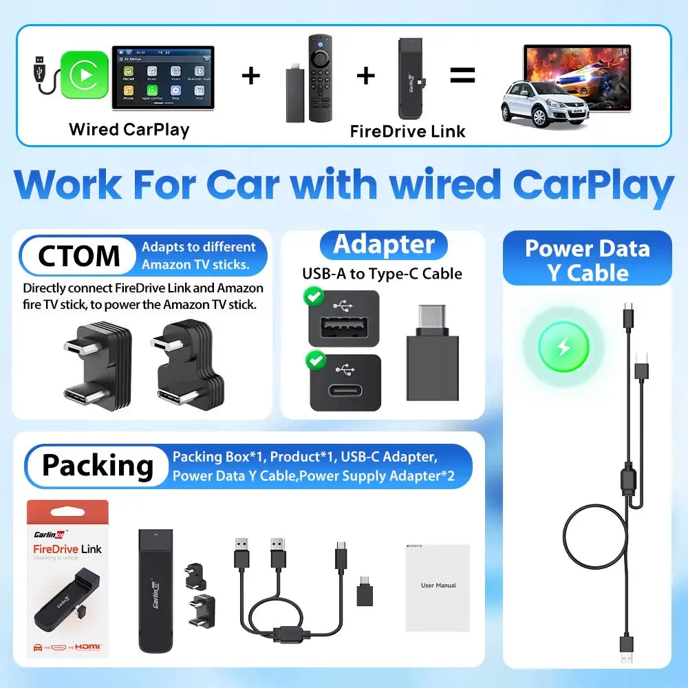 Firedrive Link: Wired CarPlay to HDMI Converter for Fire TV Stick - Effortless Car Entertainment Solution with Quick Setup