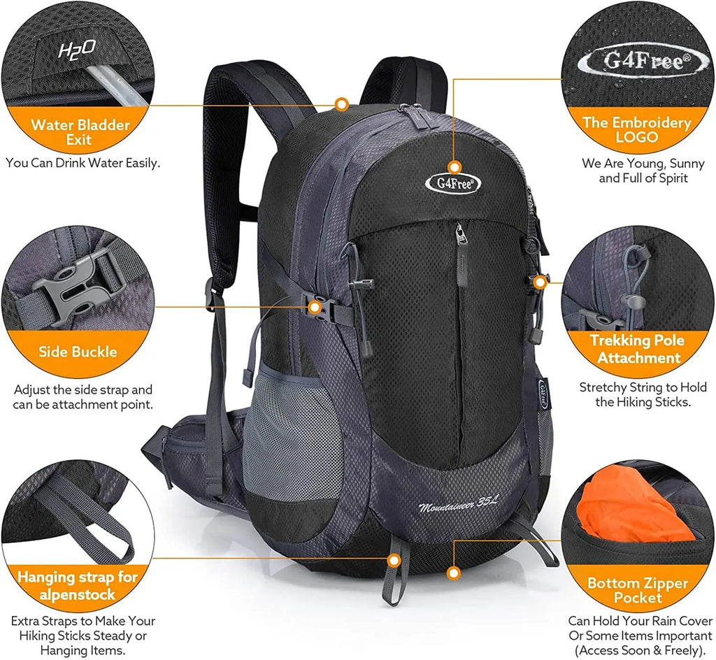 35L Water-Resistant Hiking Backpack with Rain Cover for Outdoor Sports and Travel, Lightweight Design for Men and Women (Black)
