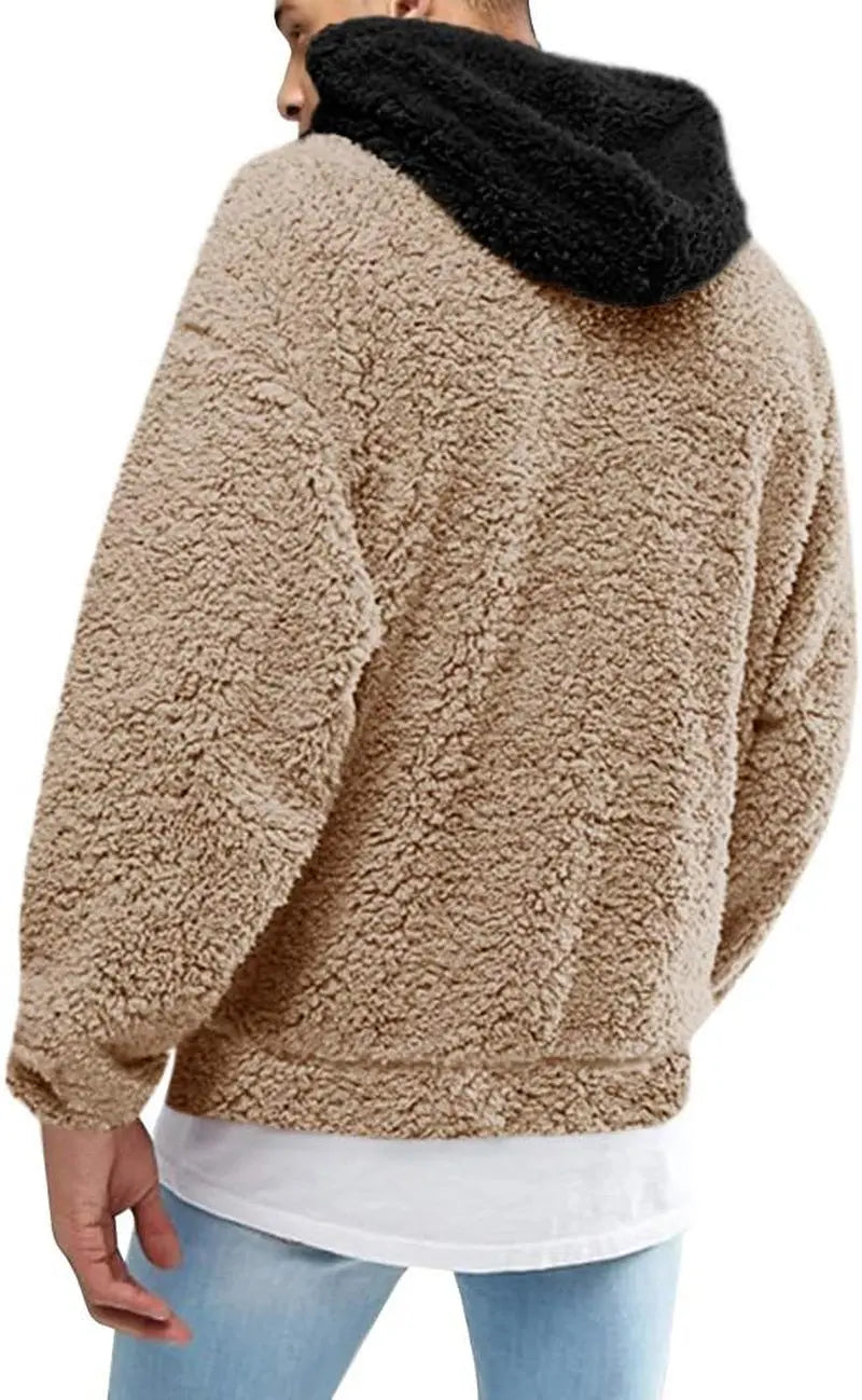 Men's Fuzzy Sherpa Pullover Hoodie Sweatshirt with Front Pocket - Long Sleeve Military Style Fall and Winter Outwear