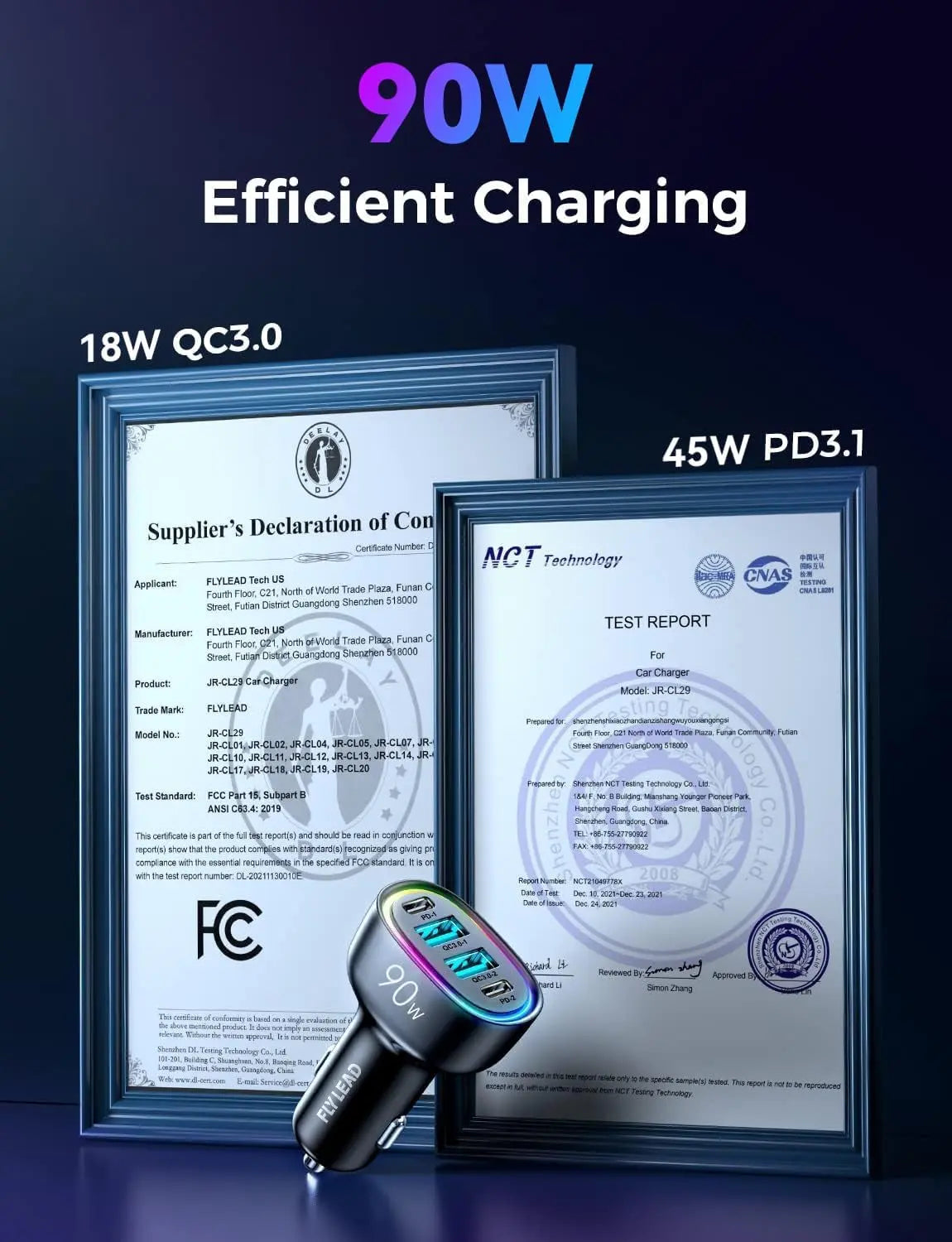 90W 4-Port USB-C Car Charger - Fast Charging Adapter for iPhone 17/16/15/14/13/12 Pro Max - Ideal for Family Travel