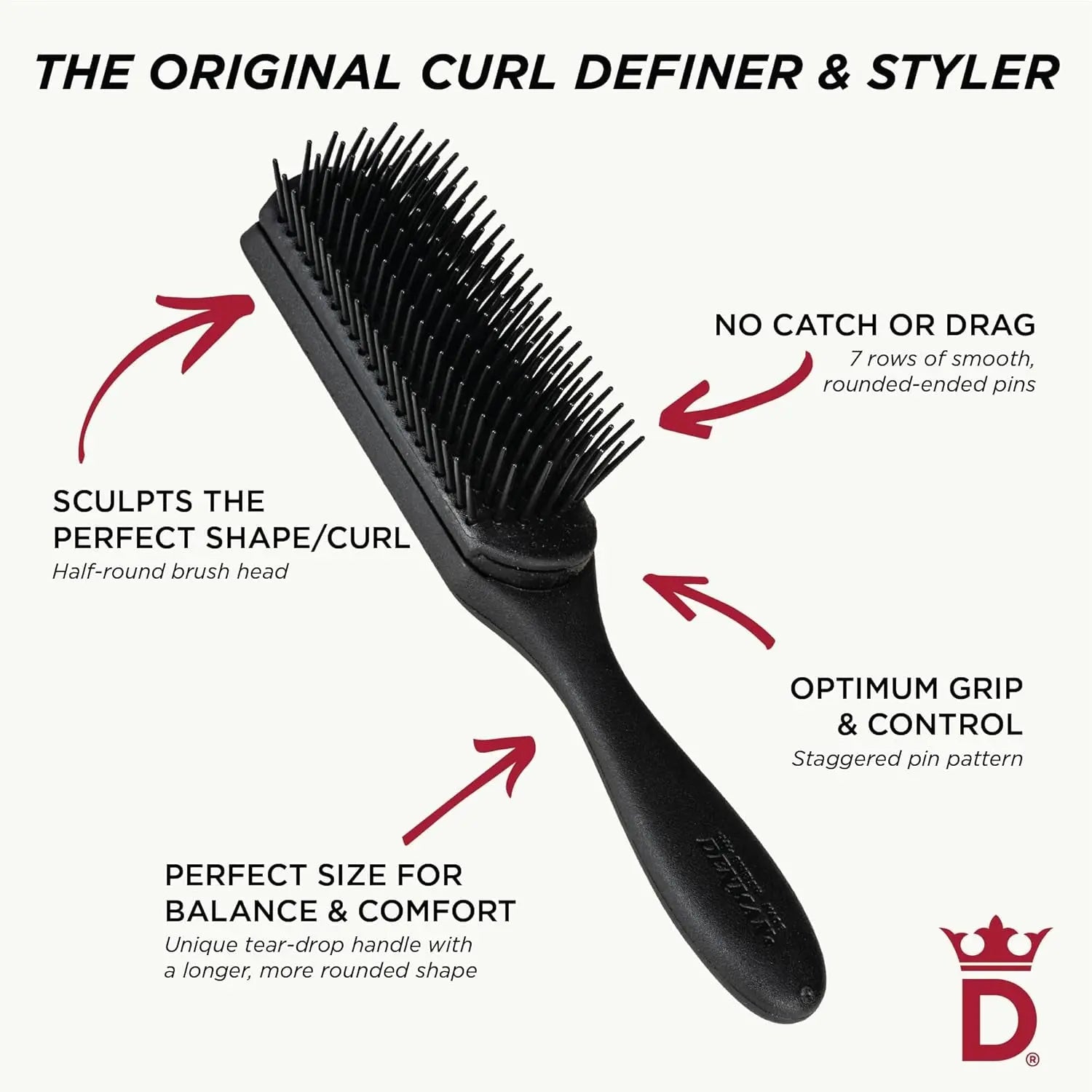 D3 Original Curl Definer & Styler - 7-Row Detangling and Curl Defining Brush for Smooth, Defined Curls - Precision Styling Brush for All Hair Types