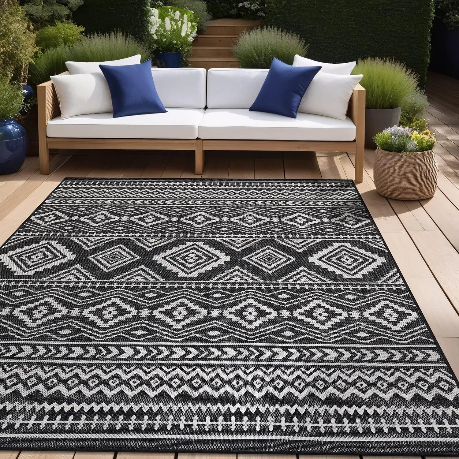 Waikiki Boho 5x7 Indoor Outdoor Washable Carpet for Patio, Deck, and Porch - Bohemian Area Rug with Aztec Tribal Design in Black and White