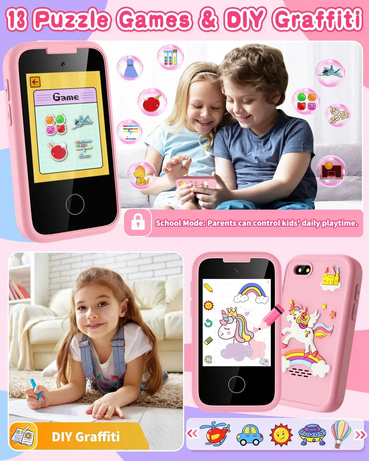 Kids Smart Phone for Girls - Touchscreen Device with Dual Camera, Music, Games, and Learning Features - Ideal Gift for Ages 6-8, Includes 8G SD Card, Perfect for Christmas and Birthdays