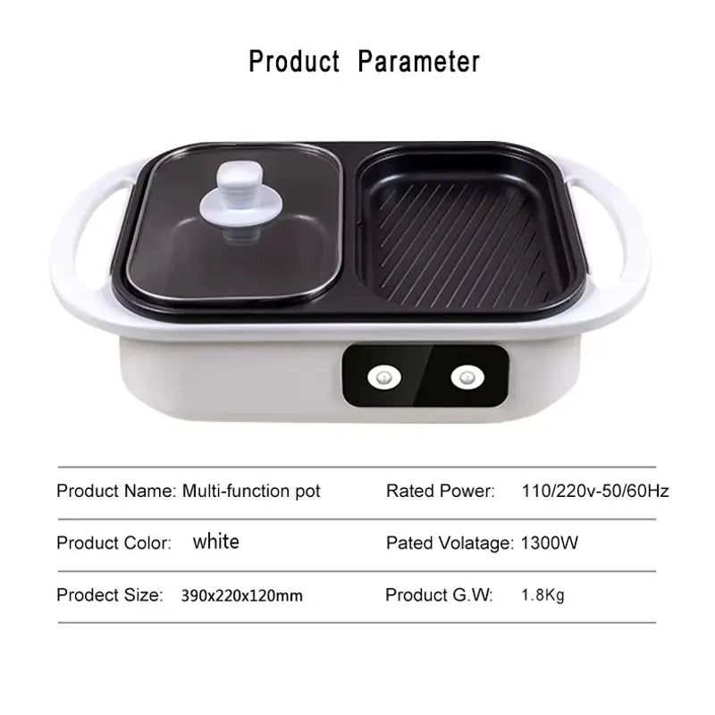 2-in-1 Non-Stick Electric Shabu Pot and Griddle Multi-Cooker for BBQ, Ramen, and Noodles