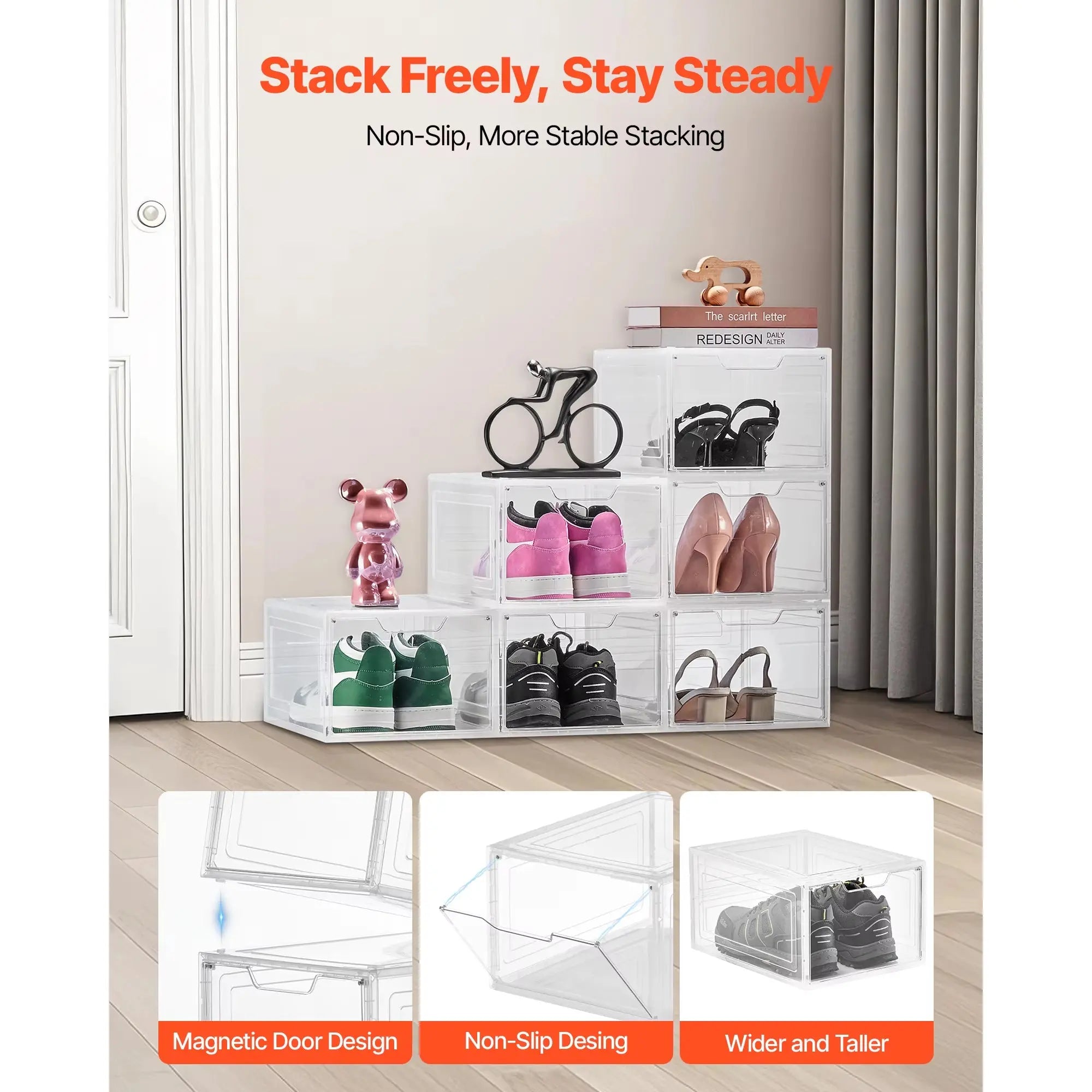 Clear Stackable Shoe Storage Boxes with Magnetic Doors - Plastic Sneaker Organizers
