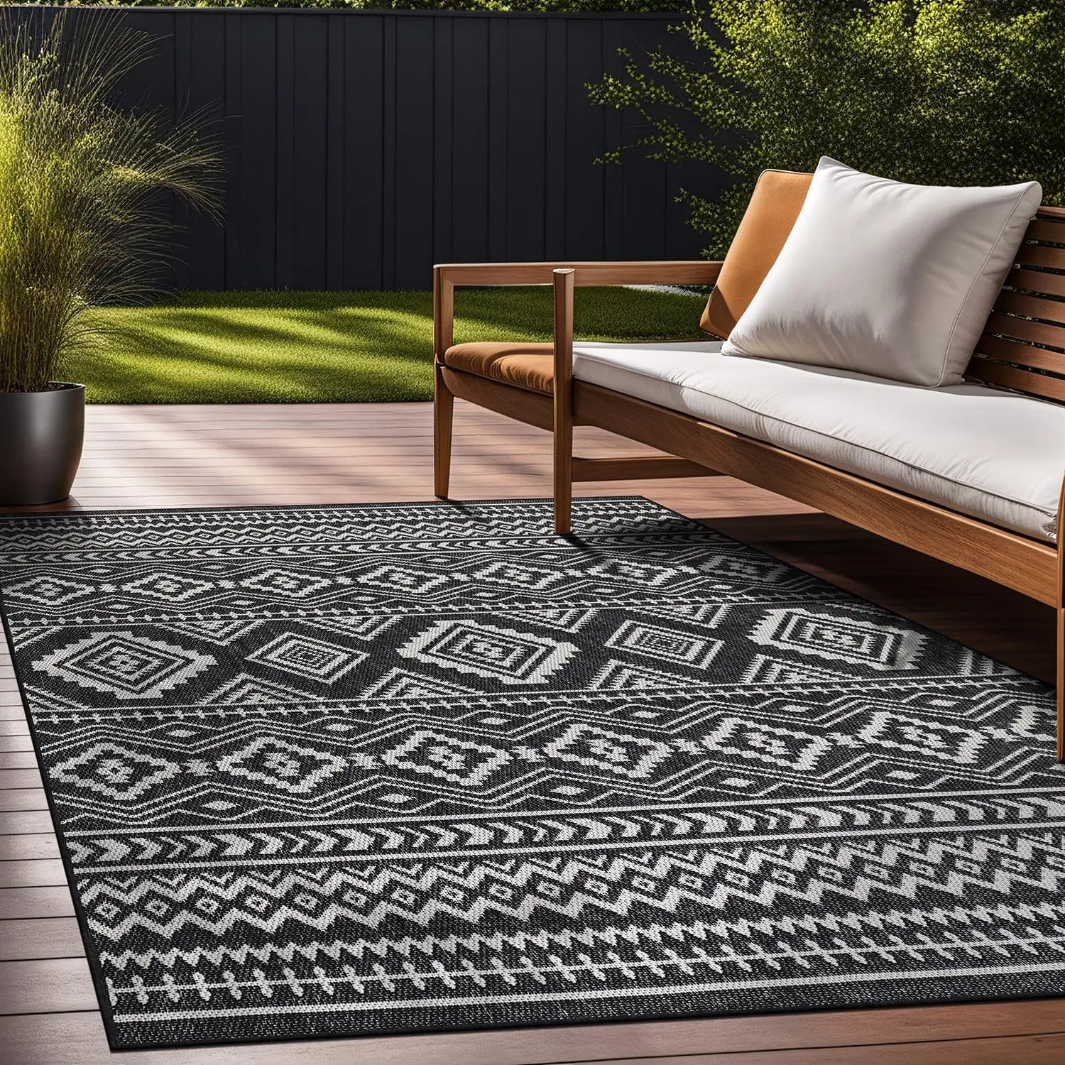 Waikiki Boho 5x7 Indoor Outdoor Washable Carpet for Patio, Deck, and Porch - Bohemian Area Rug with Aztec Tribal Design in Black and White