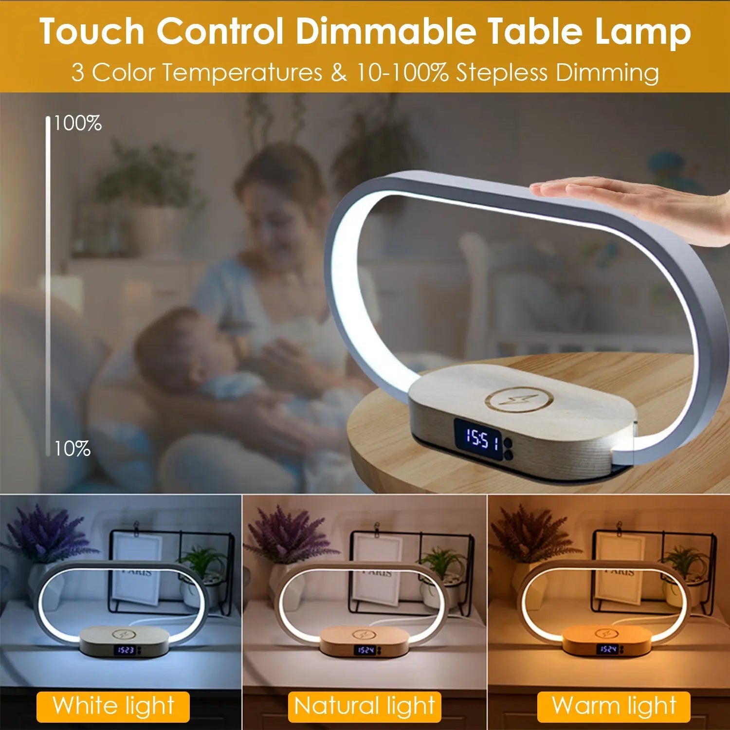 Touch Control Bedside Table Lamp with Clock and Wireless Charging - Dimmable LED Desk Lamp for Nightstand and Reading