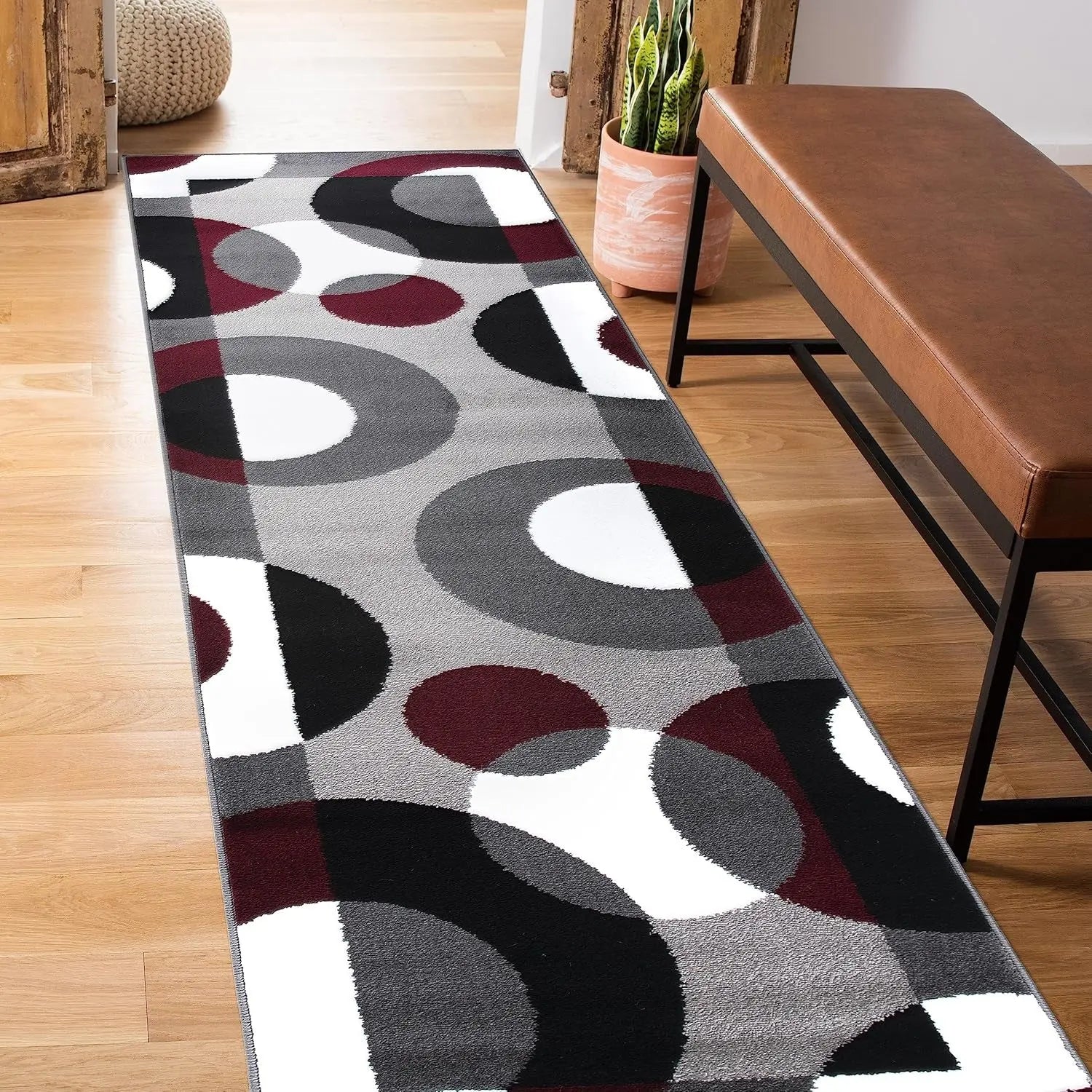 Contemporary Circles Area Rug - Low Maintenance Soft Runner for Home Office, Living Room, Bedroom, and Kitchen - 2' x 7'2" - Burgundy