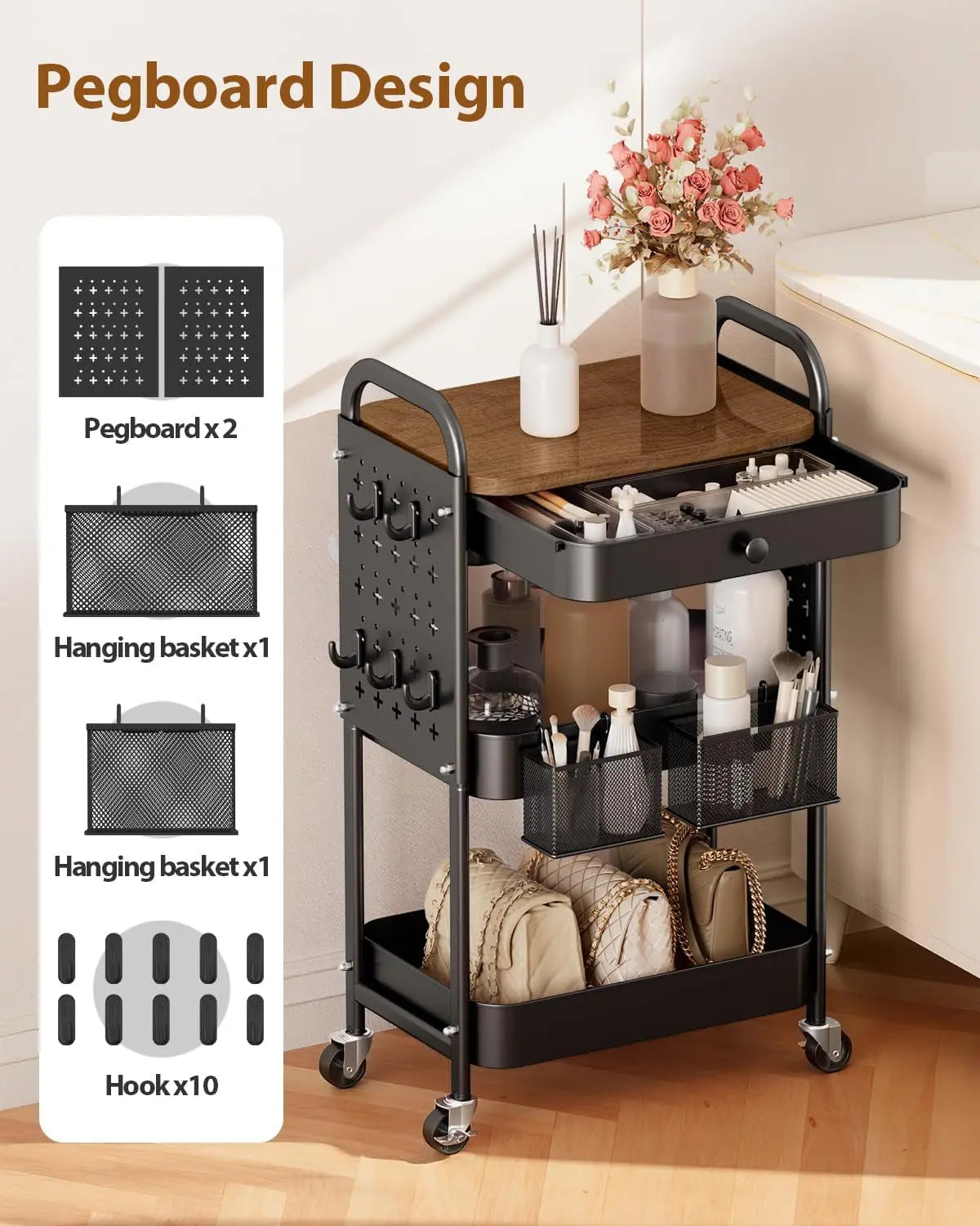 3-Tier Metal Rolling Utility Cart with Drawer and Wooden Tabletop, Features DIY Pegboards, Hanging Baskets, and Hooks for Versatile Use in Bedroom, Office, and Craft Supplies (Black)