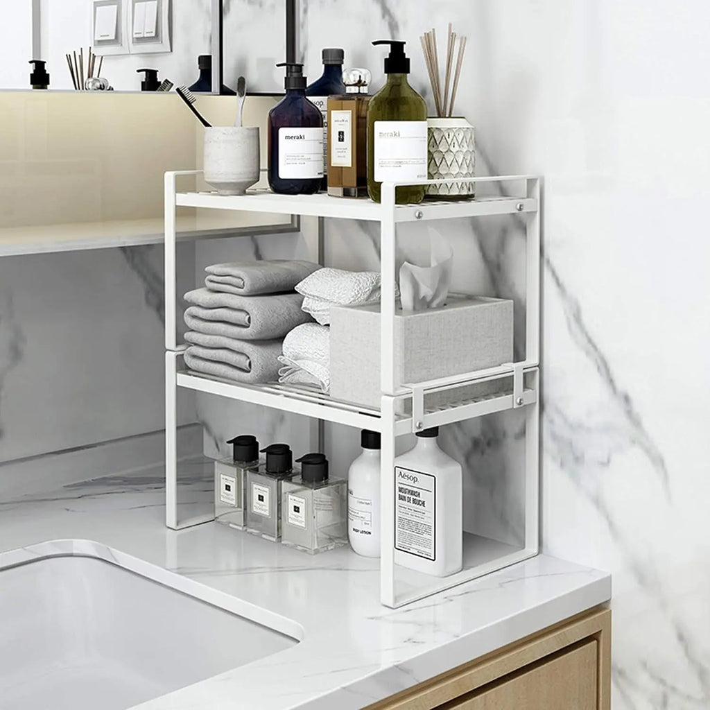 2-Pack Stackable Steel Frame Kitchen Cabinet and Counter Organizer Rack for Pantry, Bathroom, Bedroom, and Office - Rust Resistant and Non-Slip Design in White