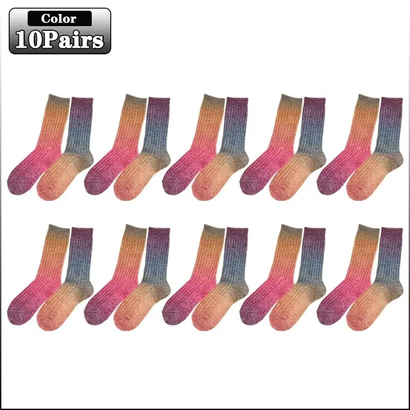 Gradient Wool Mid-Calf Socks for Autumn and Winter - Thickened Warm Rainbow-Colored Floor Socks