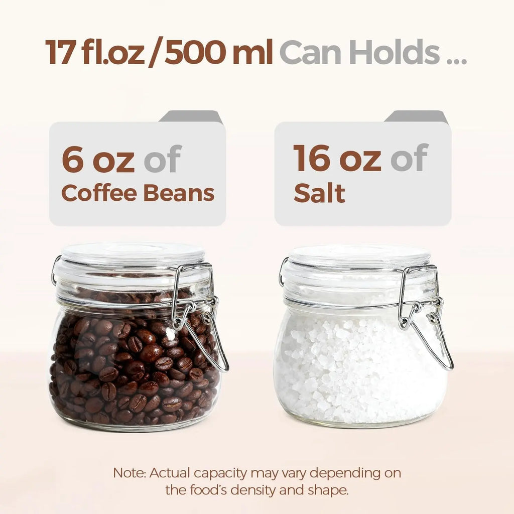 17Oz Airtight Glass Jars with Lids - Set of 6 Food Storage Containers with Clear Preserving Seal and Wire Clip Fastening for Kitchen Canning and Pickling