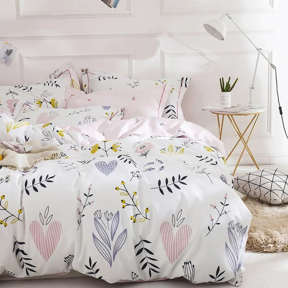 Twin Duvet Cover Set - 100% Washed Cotton Floral Design, Reversible Bedding for Women and Children
