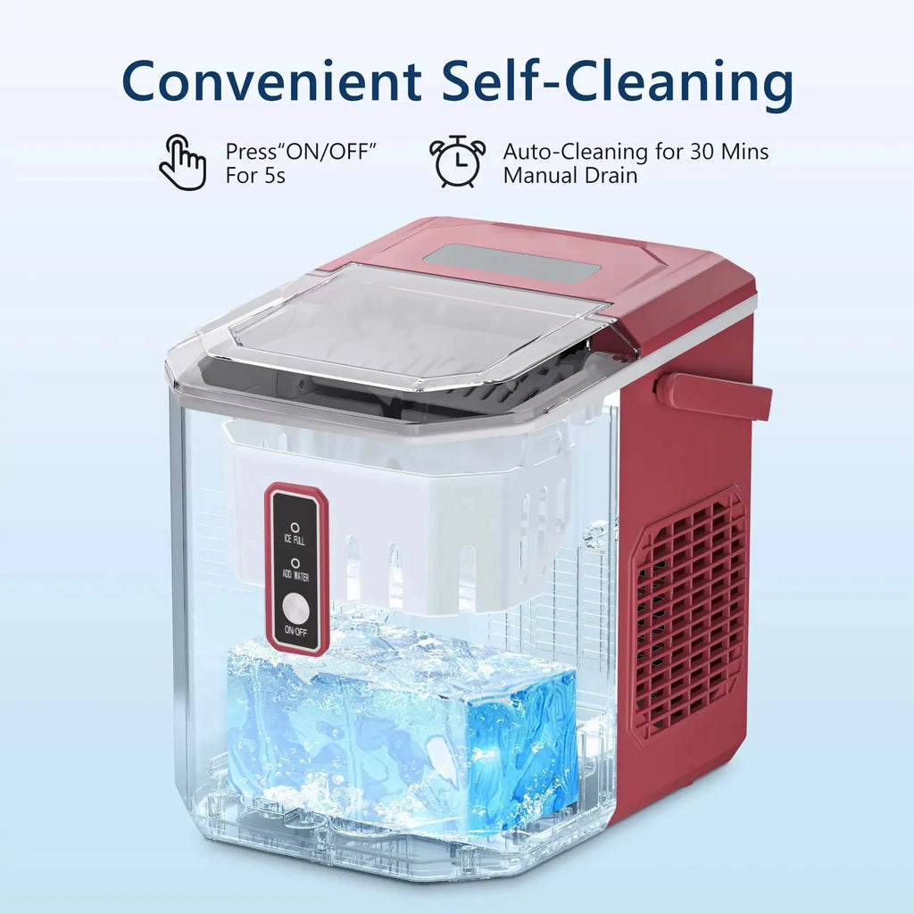 SIMZLIFE Portable Countertop Ice Maker, 26.5 lbs/24H, 9 Cubes in 6 Minutes, Self-Cleaning with Handle, Red
