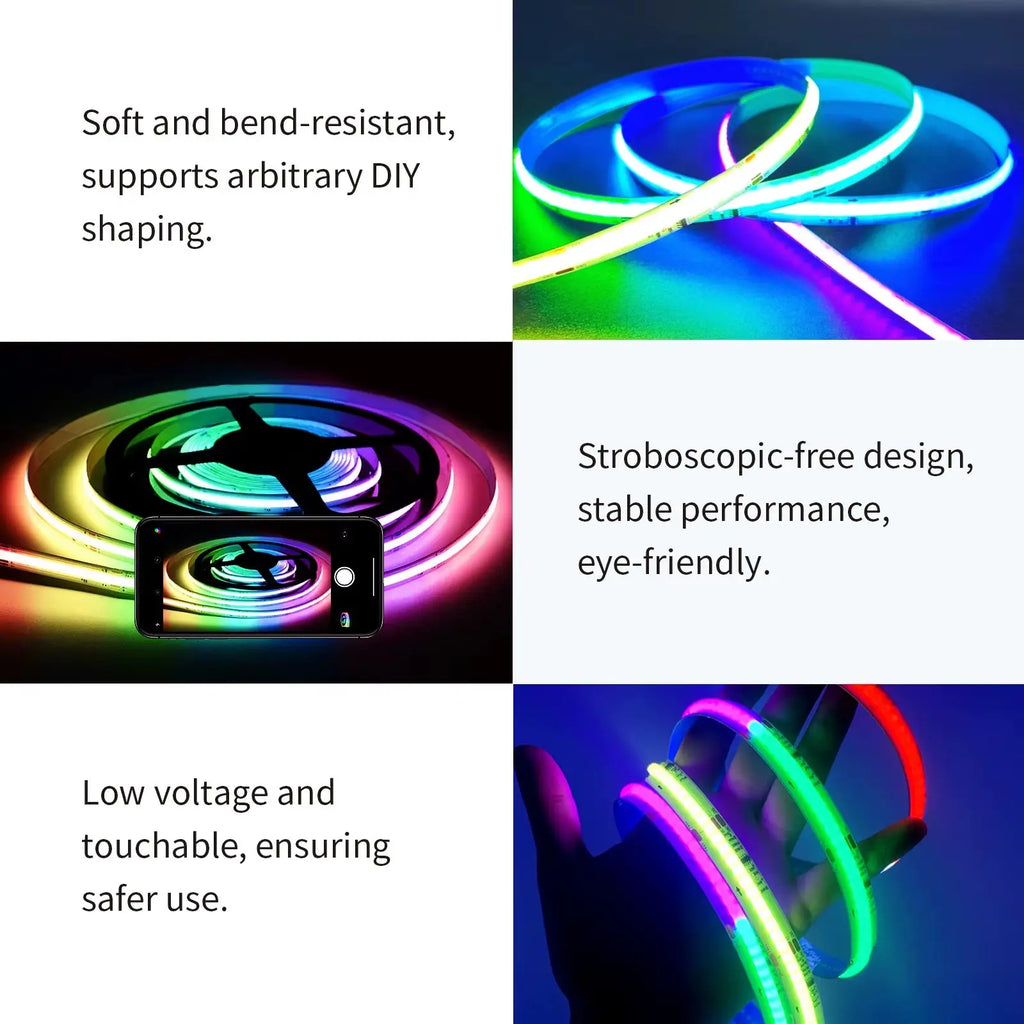 COB RGBIC LED Strip Lights 24V - 6M/12M Smart RGB Lighting for Bedroom with RF Remote and Bluetooth App Music Sync
