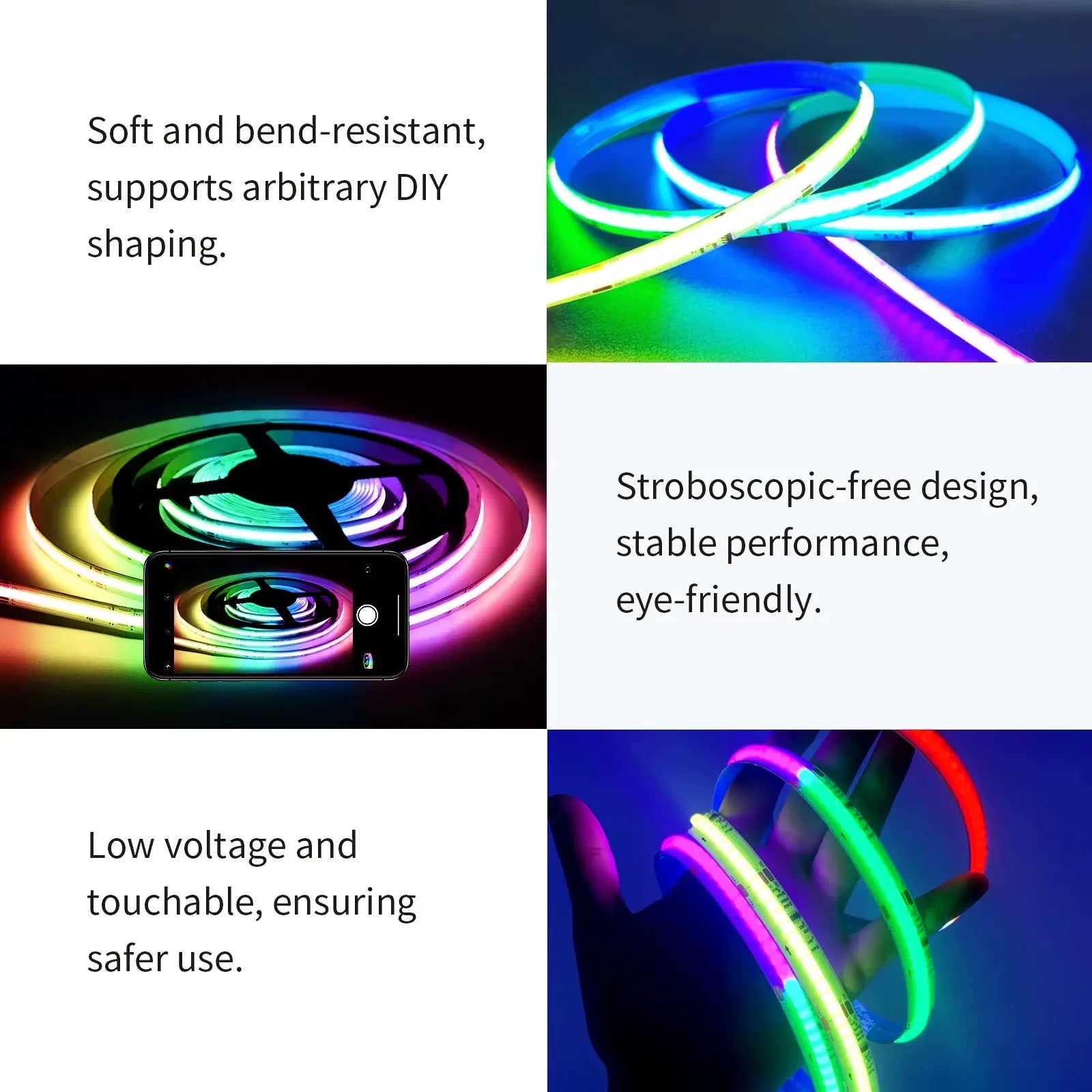 COB RGBIC LED Strip Lights 24V - 6M/12M Smart RGB Lighting for Bedroom with RF Remote and Bluetooth App Music Sync