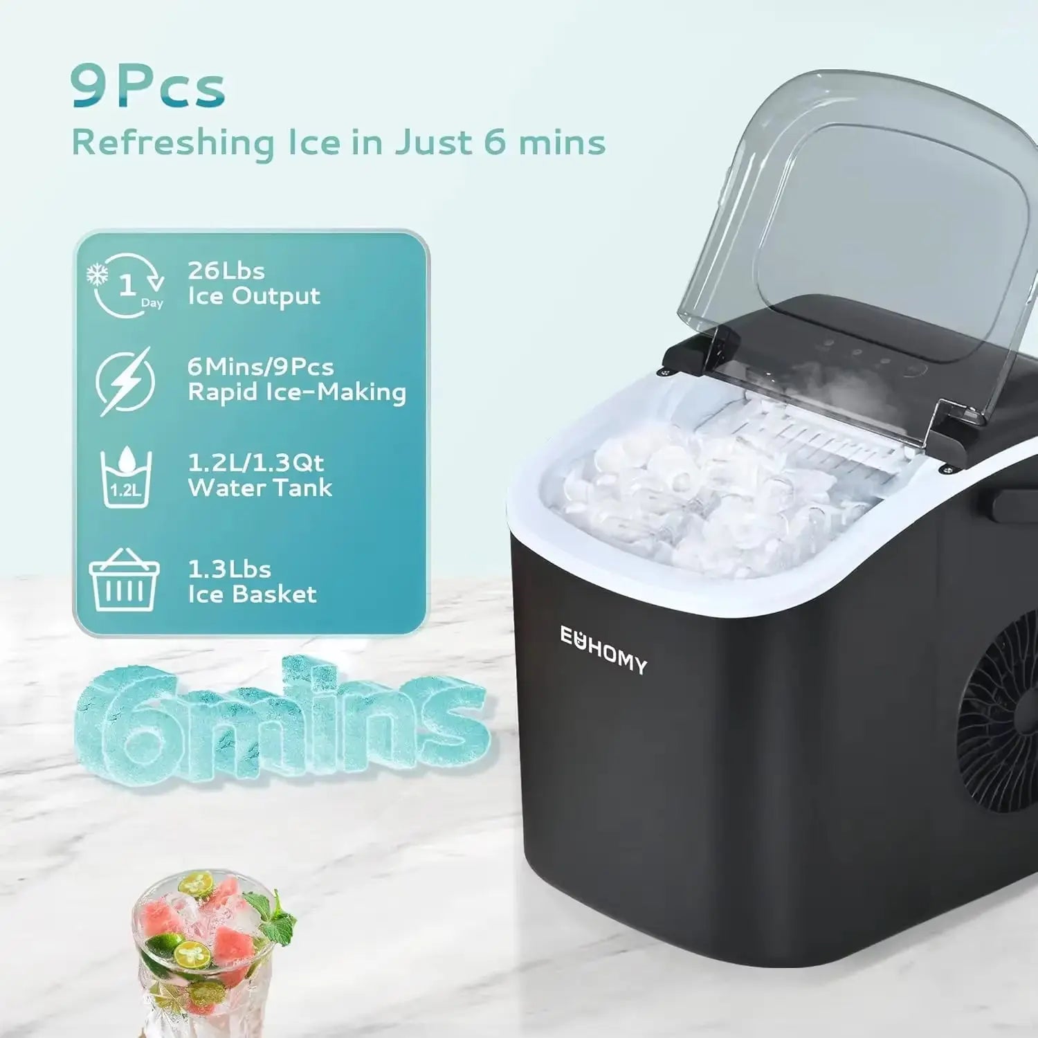 Portable Countertop Ice Maker with Handle, Producing 26 lbs of Ice in 24 Hours, 9 Ice Cubes Ready in 6 Minutes, Features Auto-Cleaning Function