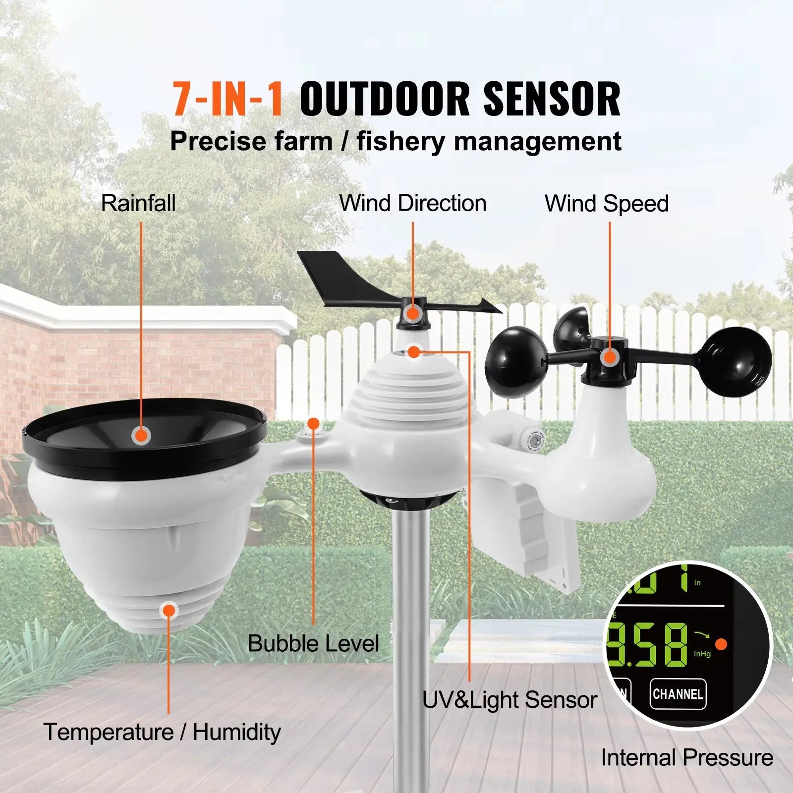 7-in-1 Wi-Fi Weather Station with 7.5-Inch Color Display and Solar-Powered Wireless Outdoor Sensor for Temperature and Humidity Alerts