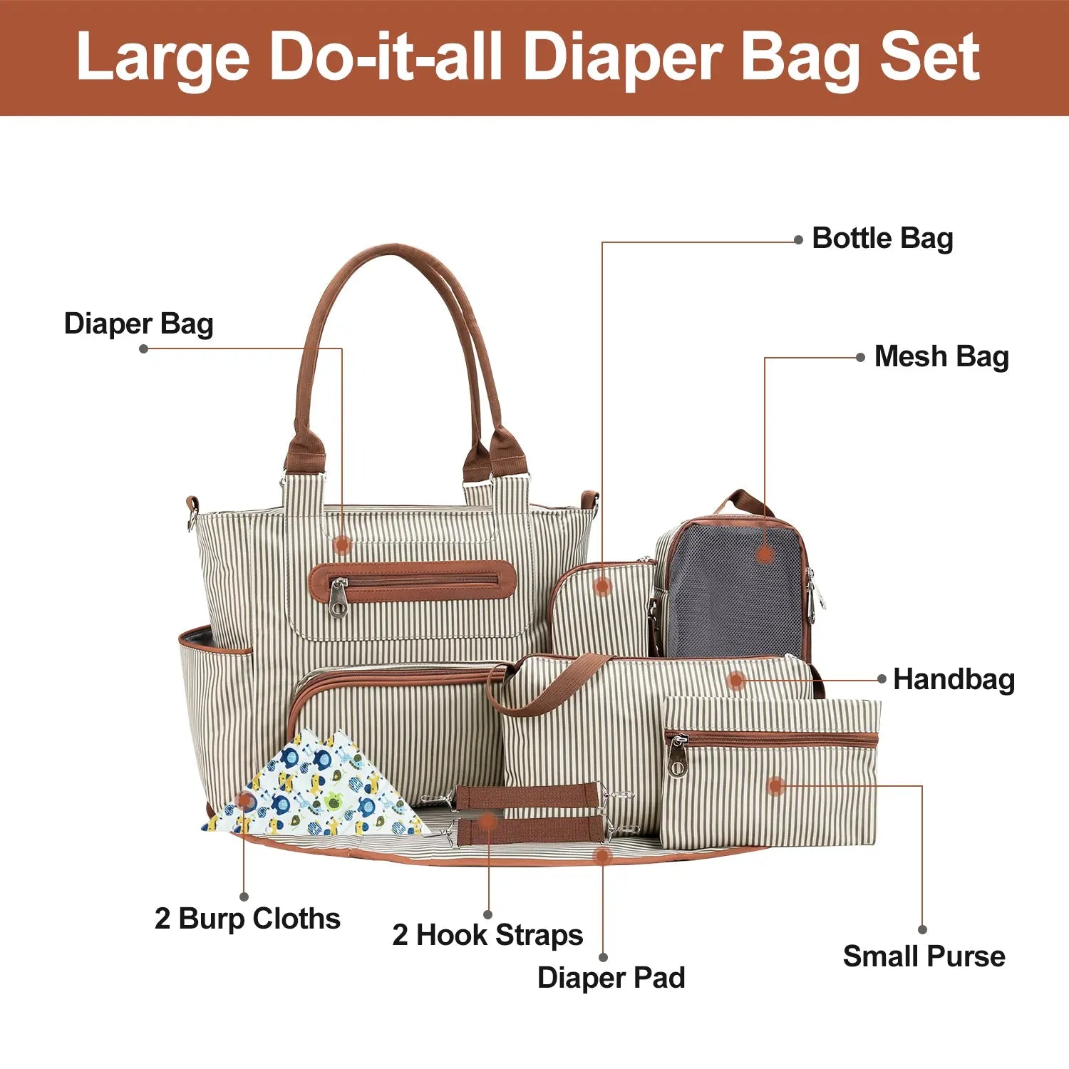 8-Piece Multifunctional Diaper Bag Set for Parents, Including Changing Bags, Bottle Bag, Mesh Bag, Purse, Diaper Pad, 2 Burp Cloths, and 2 Hook Straps