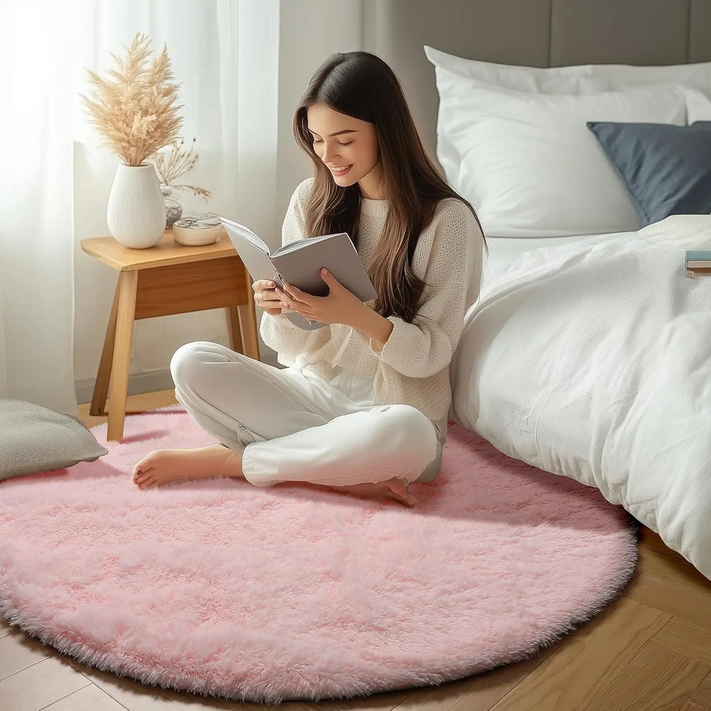 Light Pink Round Area Rug - 2ft Soft Plush Shaggy Carpet for Bedroom, Living Room, and Nursery - Washable Fluffy Mat for Kids and Pets - Aesthetic Home Decor