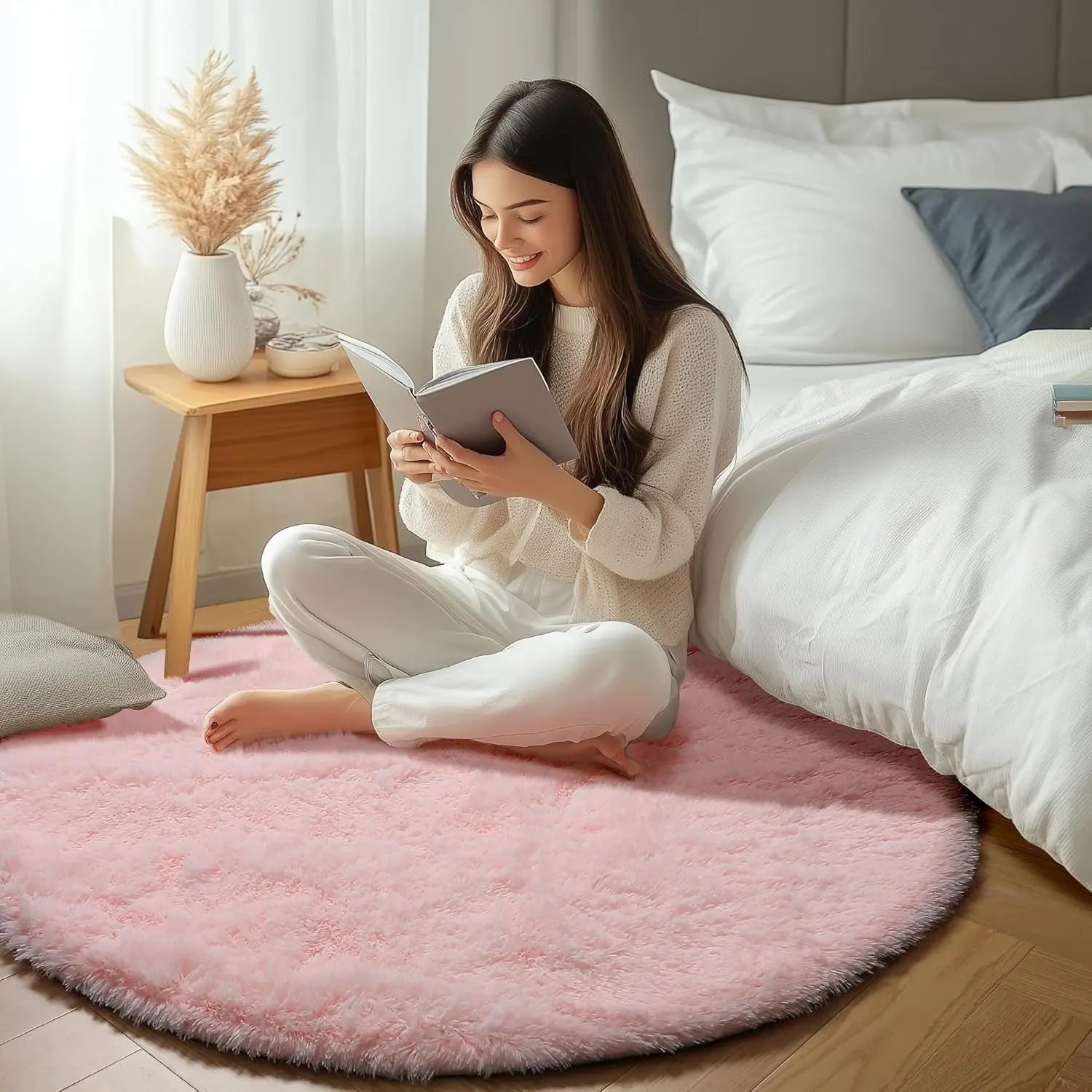 Light Pink Round Area Rug - 2ft Soft Plush Shaggy Carpet for Bedroom, Living Room, and Nursery - Washable Fluffy Mat for Kids and Pets - Aesthetic Home Decor