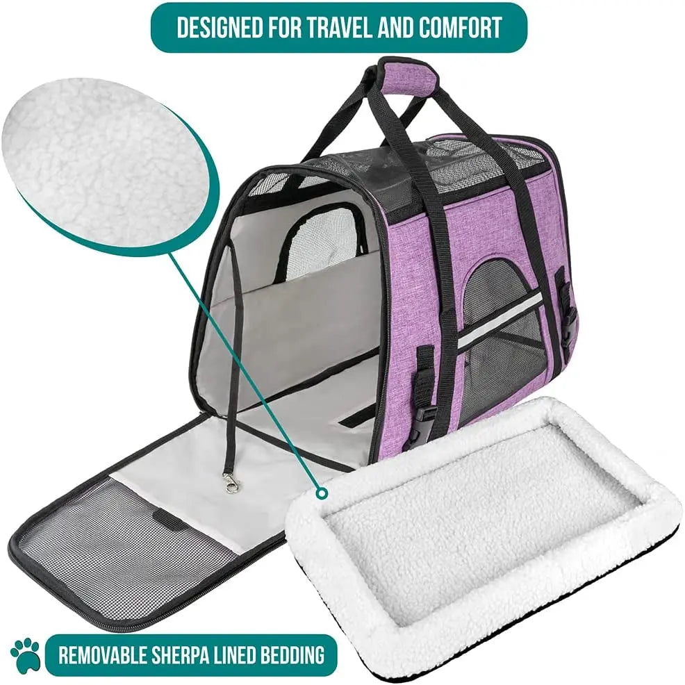 Airline-Approved Soft-Sided Pet Carrier for Cats and Small Dogs, Ventilated Travel Bag for Indoor Cats, Medium Kittens, and Puppies in Large Heather Purple