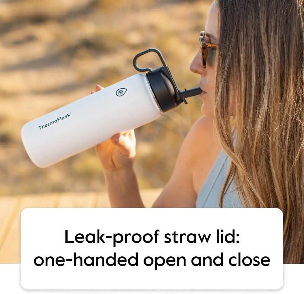 18 oz Stainless Steel Water Bottle with Double Wall Vacuum Insulation, Spout and Straw Lids, White