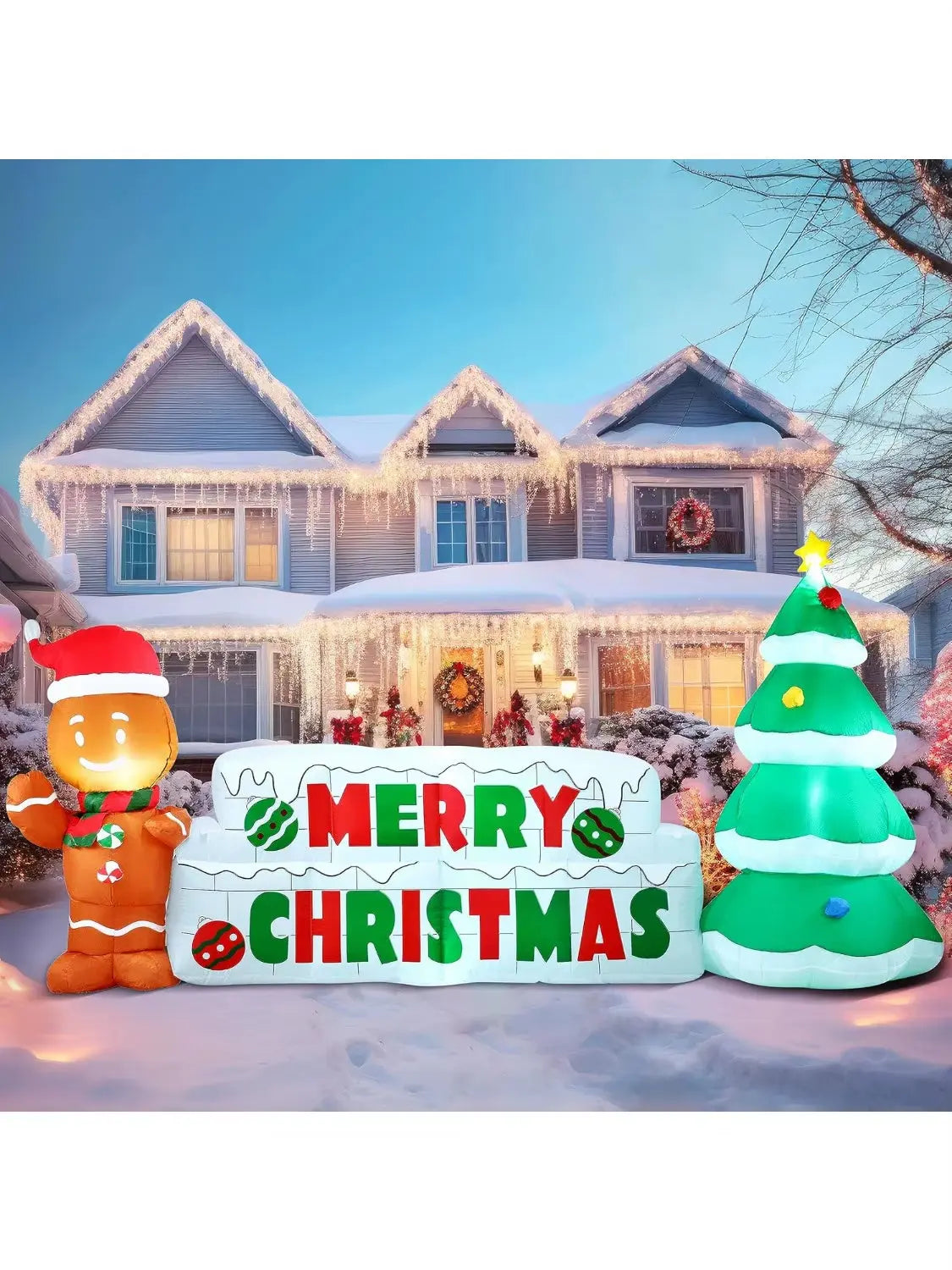 10 FT Christmas Inflatable Gingerbread Man & Christmas Tree Holiday Inflatable Outdoor Decoration for Xmas Party Gift