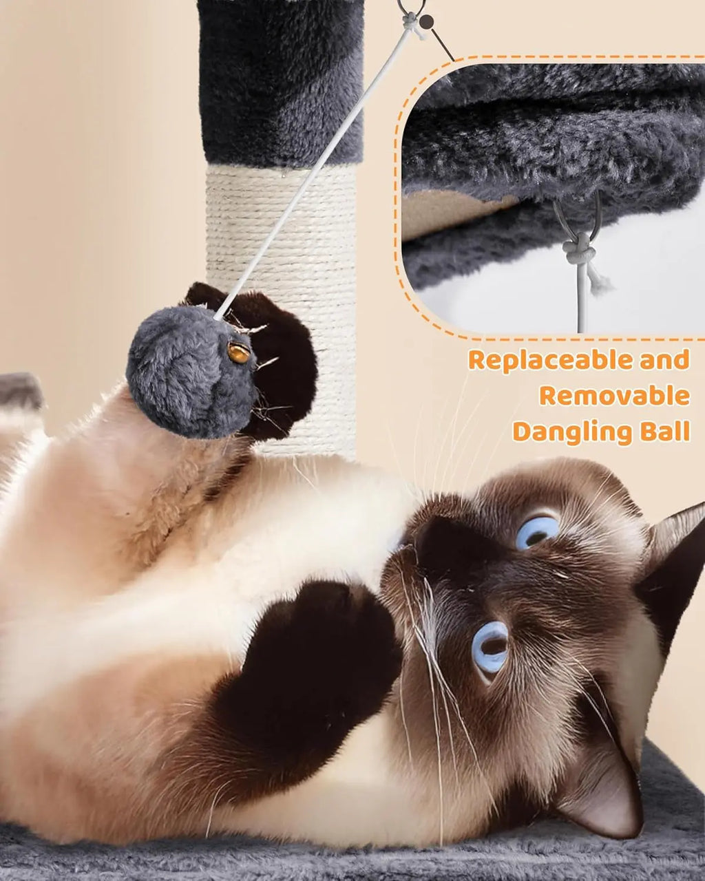 63-Inch Multi-Level Cat Tree with Sisal Scratching Posts, Condo, Hammock, Hanging Toy, and Extended Platform for Play and Rest