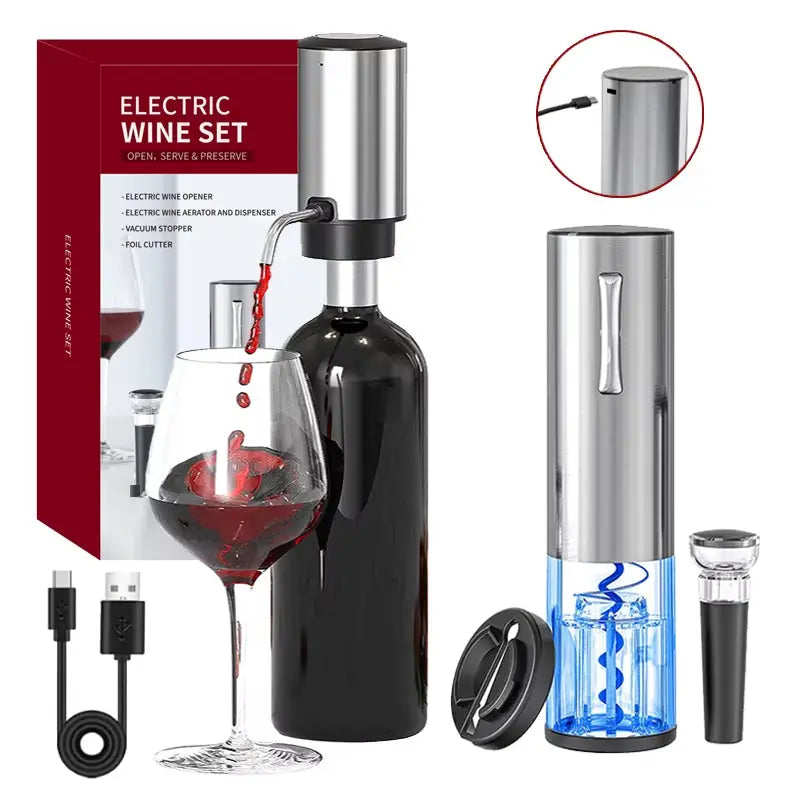 USB Rechargeable Electric Wine Opener Set with Decanter and Aerator - Stainless Steel Wine Accessory for Enthusiasts