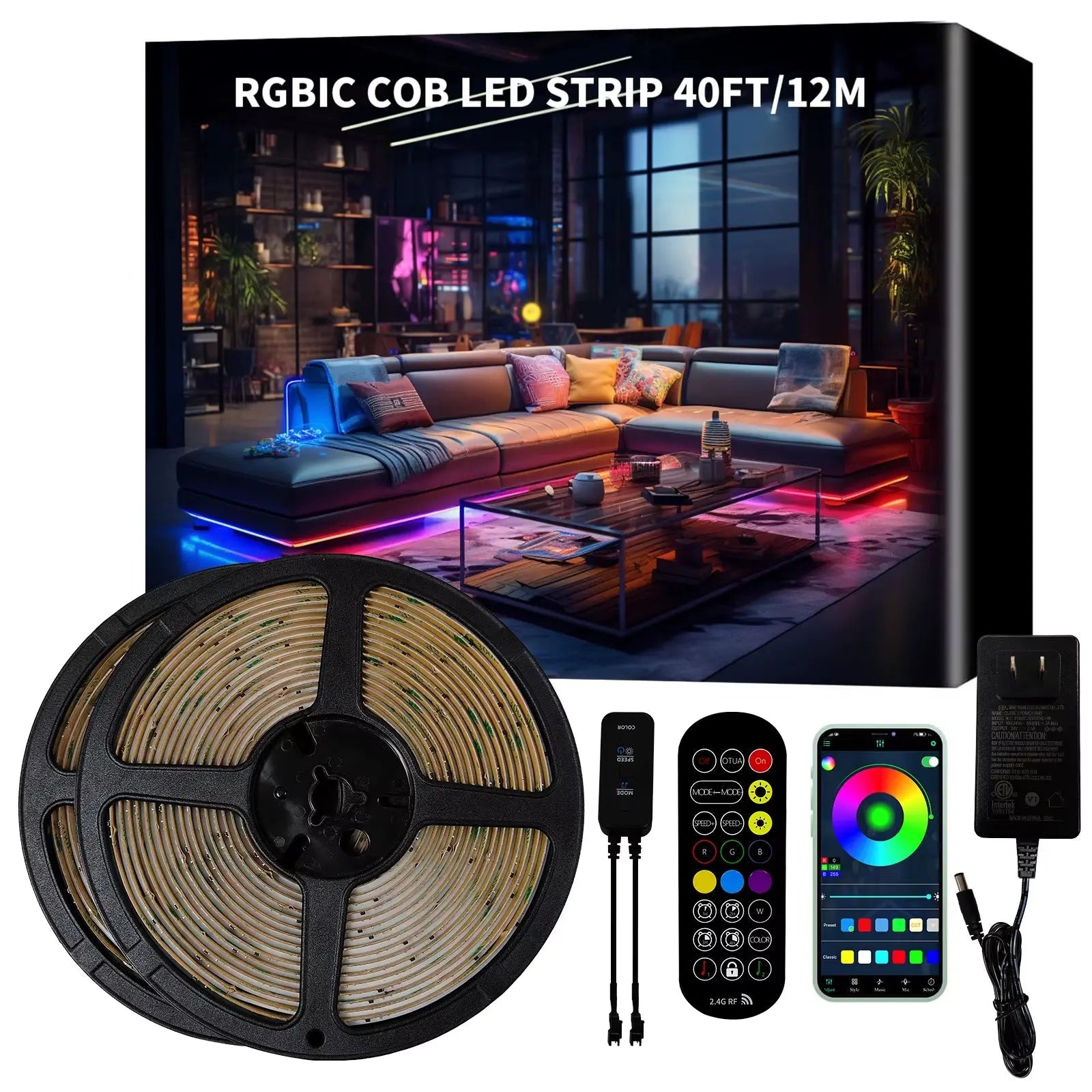 COB RGBIC LED Strip Lights 24V - 6M/12M Smart RGB Lighting for Bedroom with RF Remote and Bluetooth App Music Sync
