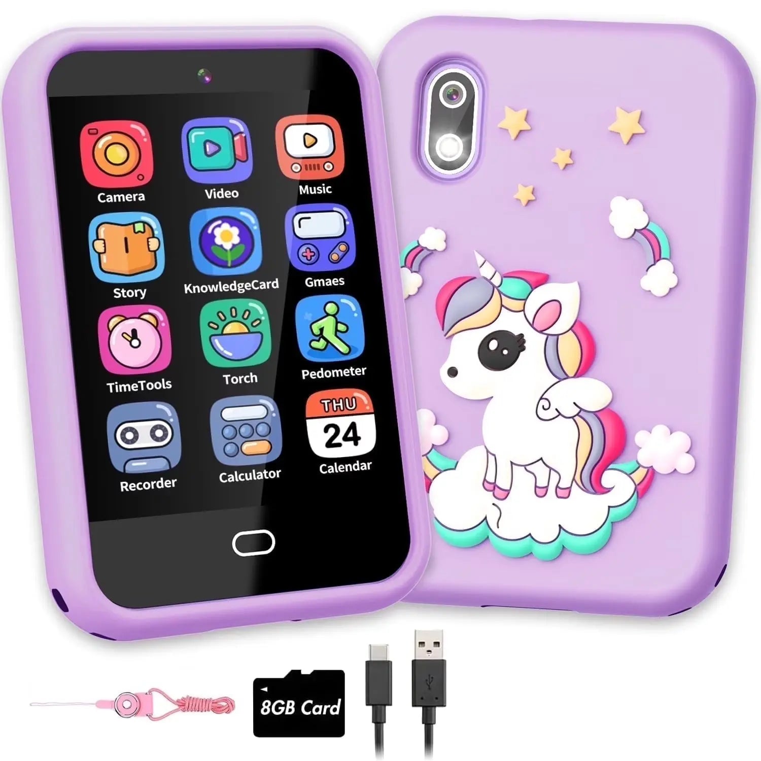 Kids Smart Phone for Girls - Touchscreen Device with Dual Camera, Music, Games, and Learning Features - Ideal Gift for Ages 6-8, Includes 8G SD Card, Perfect for Christmas and Birthdays