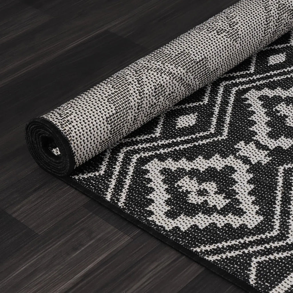 Waikiki Boho 5x7 Indoor Outdoor Washable Carpet for Patio, Deck, and Porch - Bohemian Area Rug with Aztec Tribal Design in Black and White