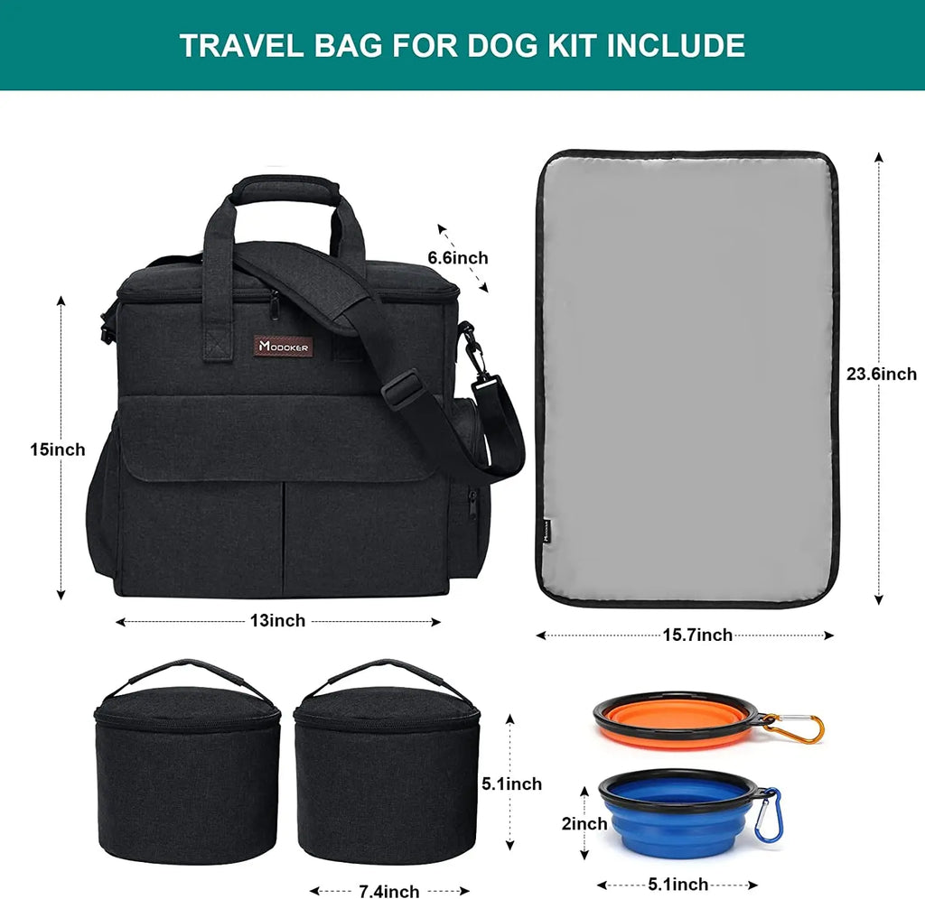 Dog Travel Bag - Comprehensive Weekend Travel Kit with Organizer, Collapsible Bowls, and Food Containers (Black)