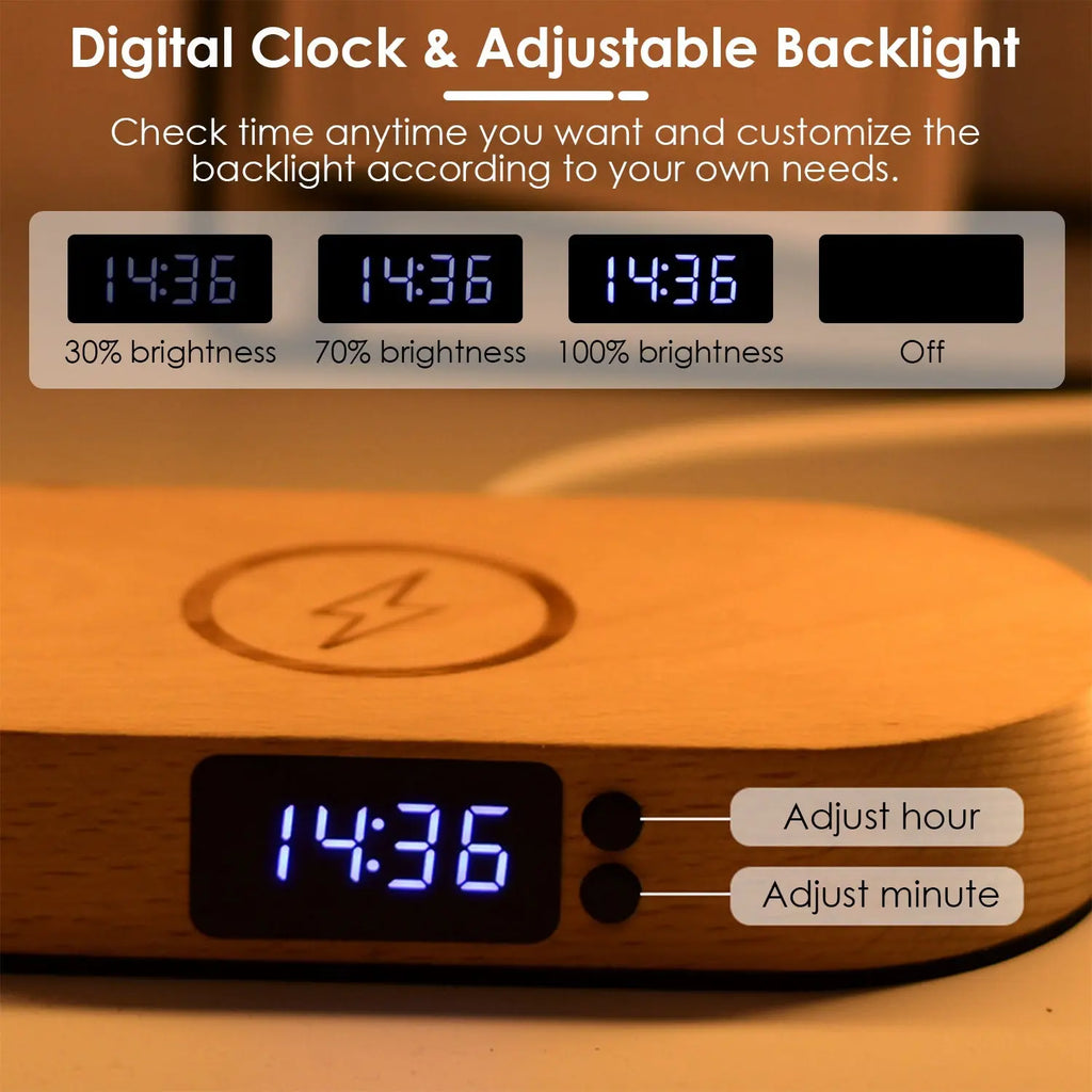 Touch Control Bedside Table Lamp with Clock and Wireless Charging - Dimmable LED Desk Lamp for Nightstand and Reading