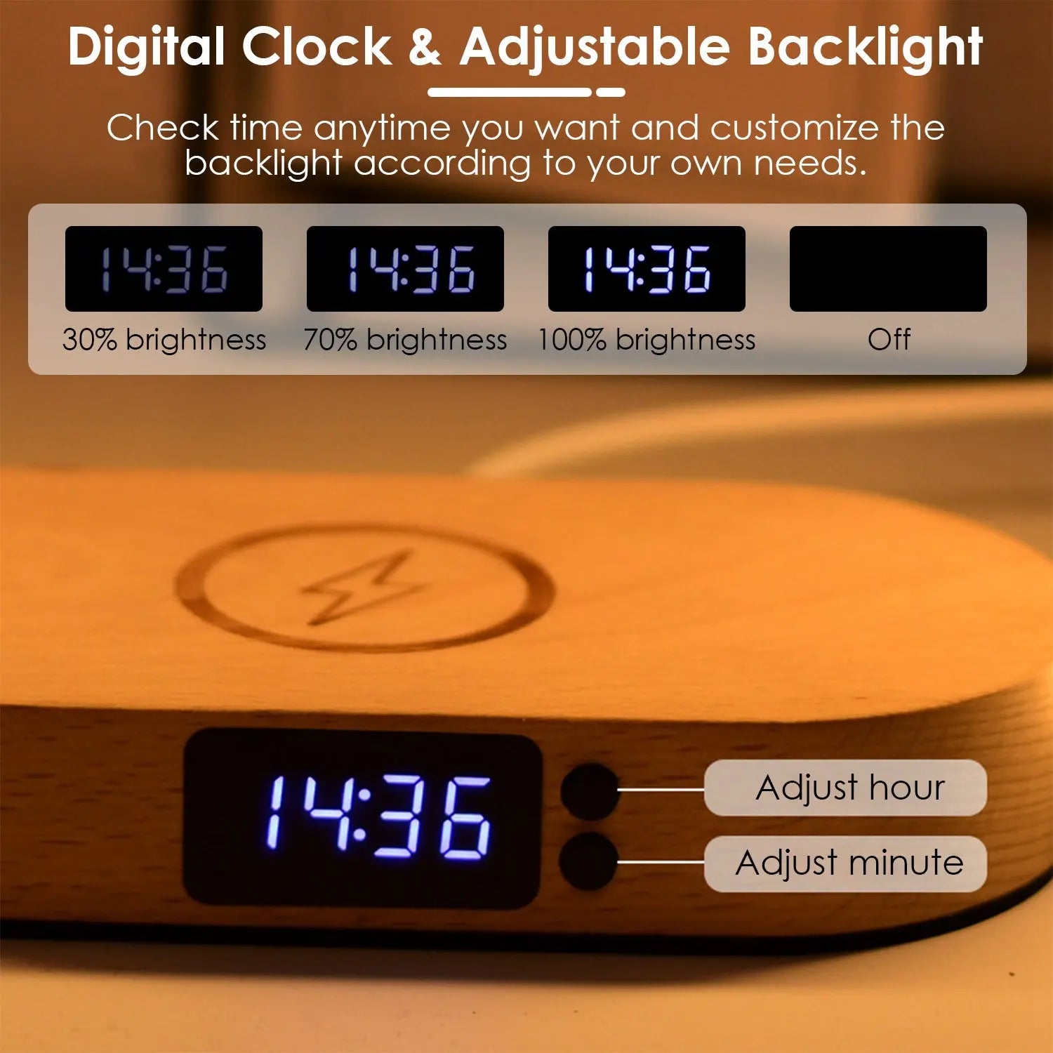 Touch Control Bedside Table Lamp with Clock and Wireless Charging - Dimmable LED Desk Lamp for Nightstand and Reading