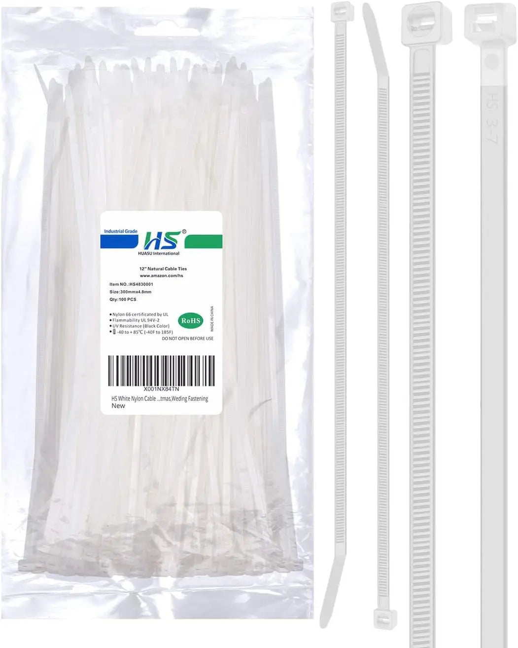 Long 12-Inch Clear Nylon Cable Ties - Heavy Duty 50 lbs Strength, Weather Resistant, Ideal for Privacy Fences and Outdoor Use, 100 Pack White