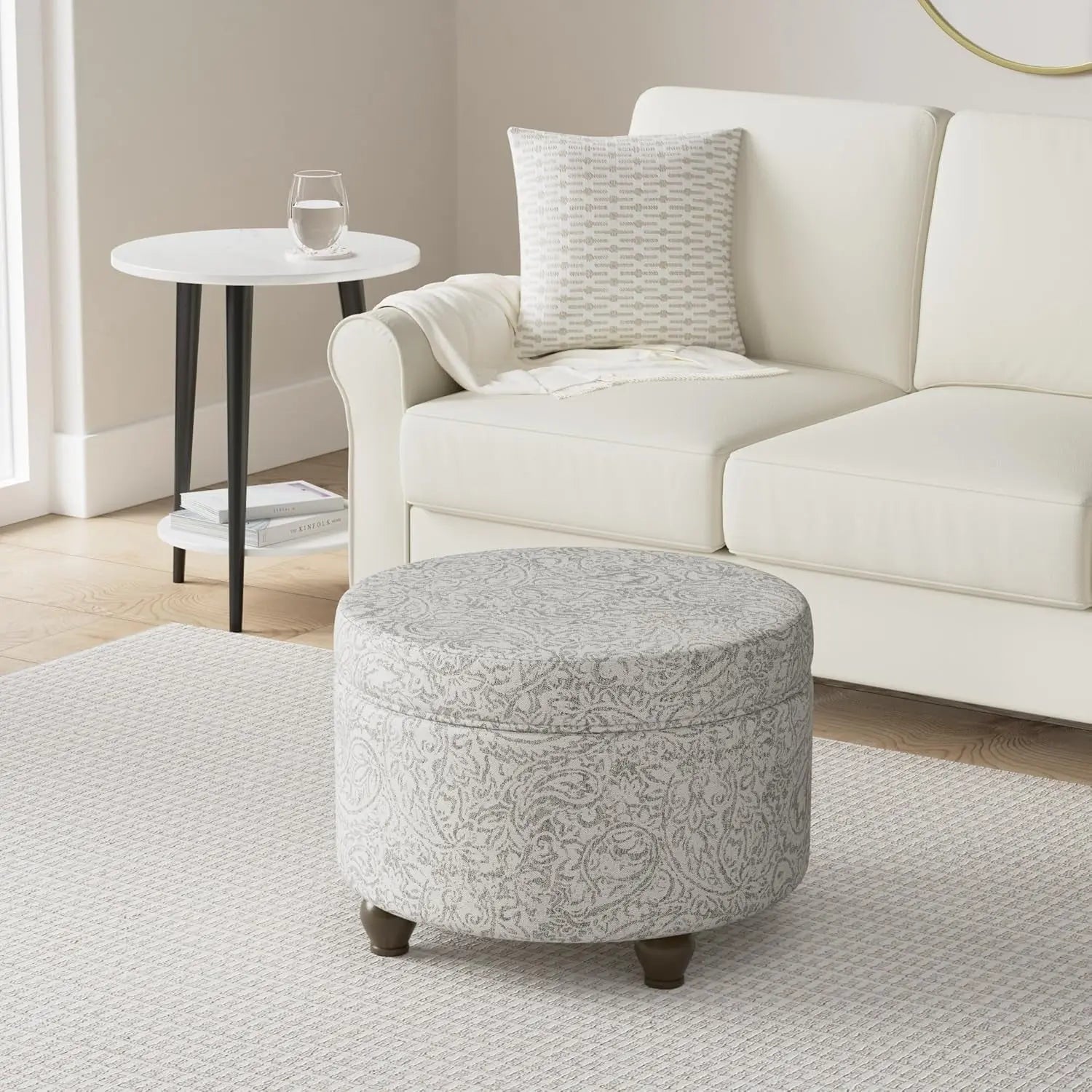 Upholstered Round Storage Ottoman for Living Room and Bedroom in Gray Floral Design