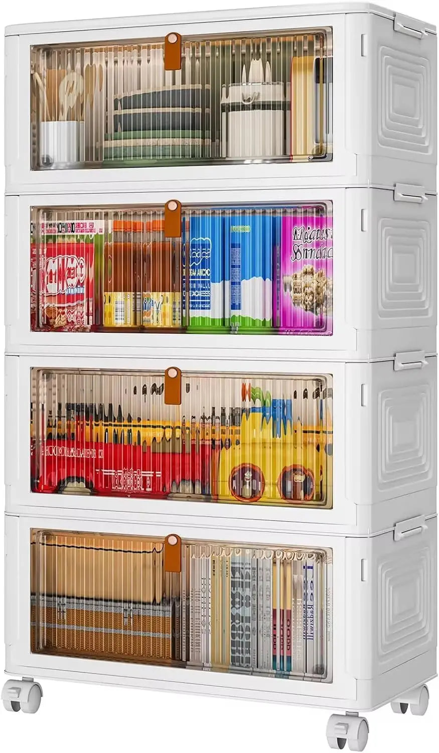 4-Tier Stackable Plastic Storage Bins with Lids, 23QT Capacity, Collapsible Design with Wheels