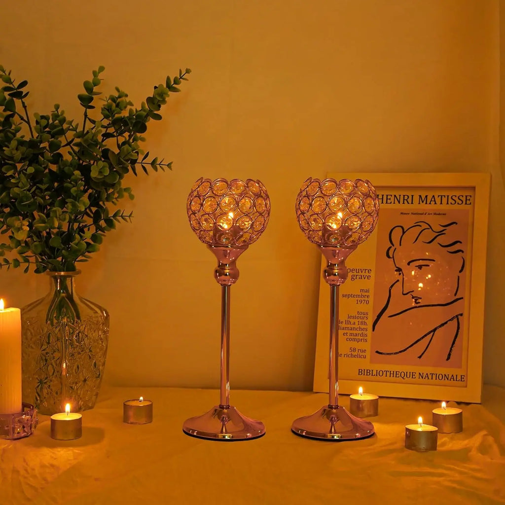 Set of 2 Gold Crystal Candle Holders for Elegant Home and Event Décor