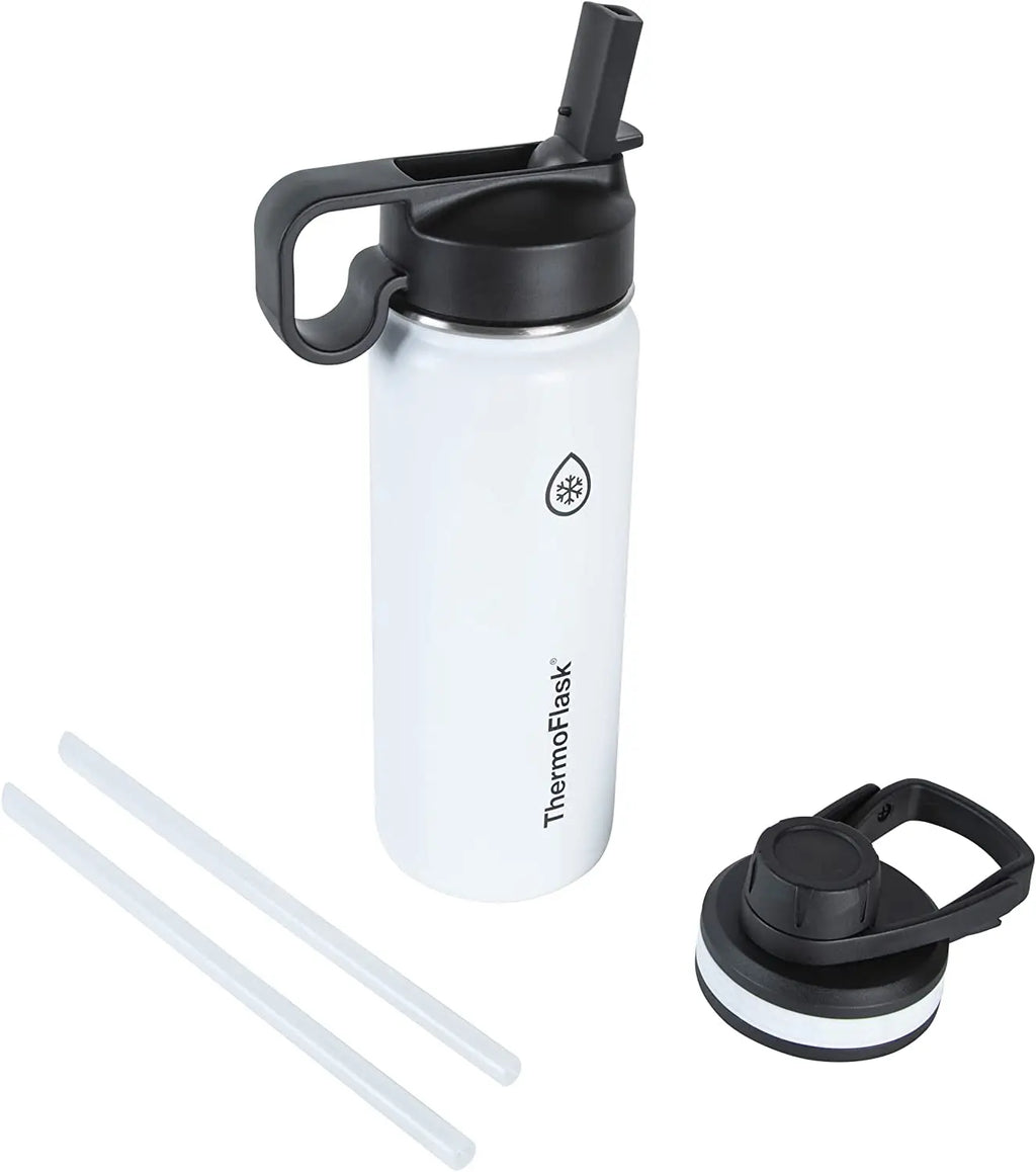 18 oz Stainless Steel Water Bottle with Double Wall Vacuum Insulation, Spout and Straw Lids, White
