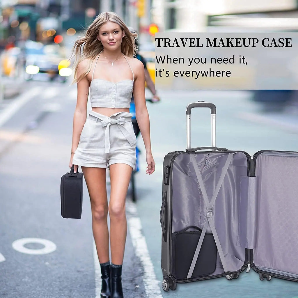Portable 10.4" Makeup Train Case - Professional Artist Organizer with Adjustable Dividers in Oxford Cloth for Cosmetics and Brushes (Black)
